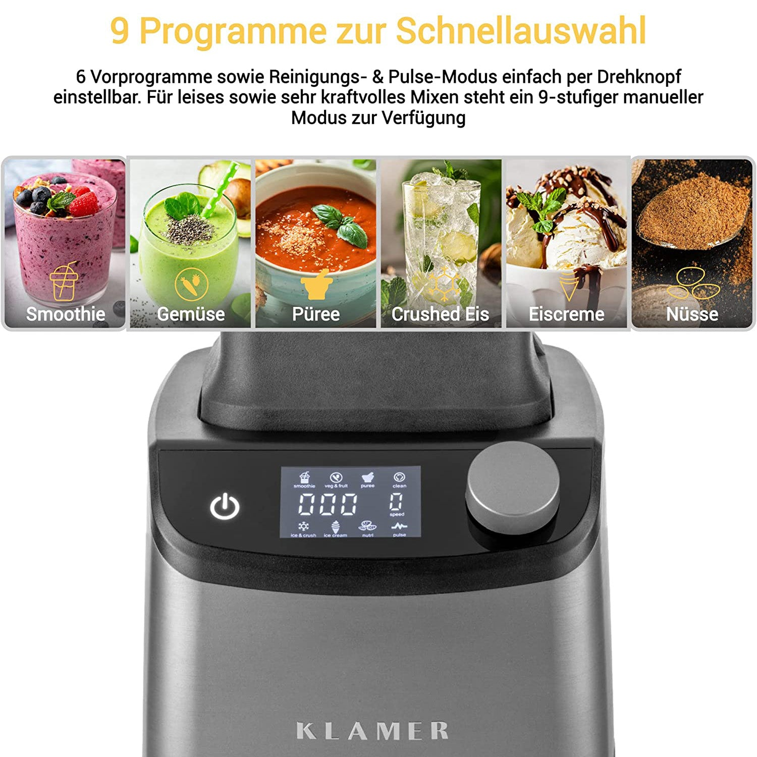 Mixer mit Lebensmittelbildern und Bedienfeld. Graues Gehäuse, weißer Hintergrund.