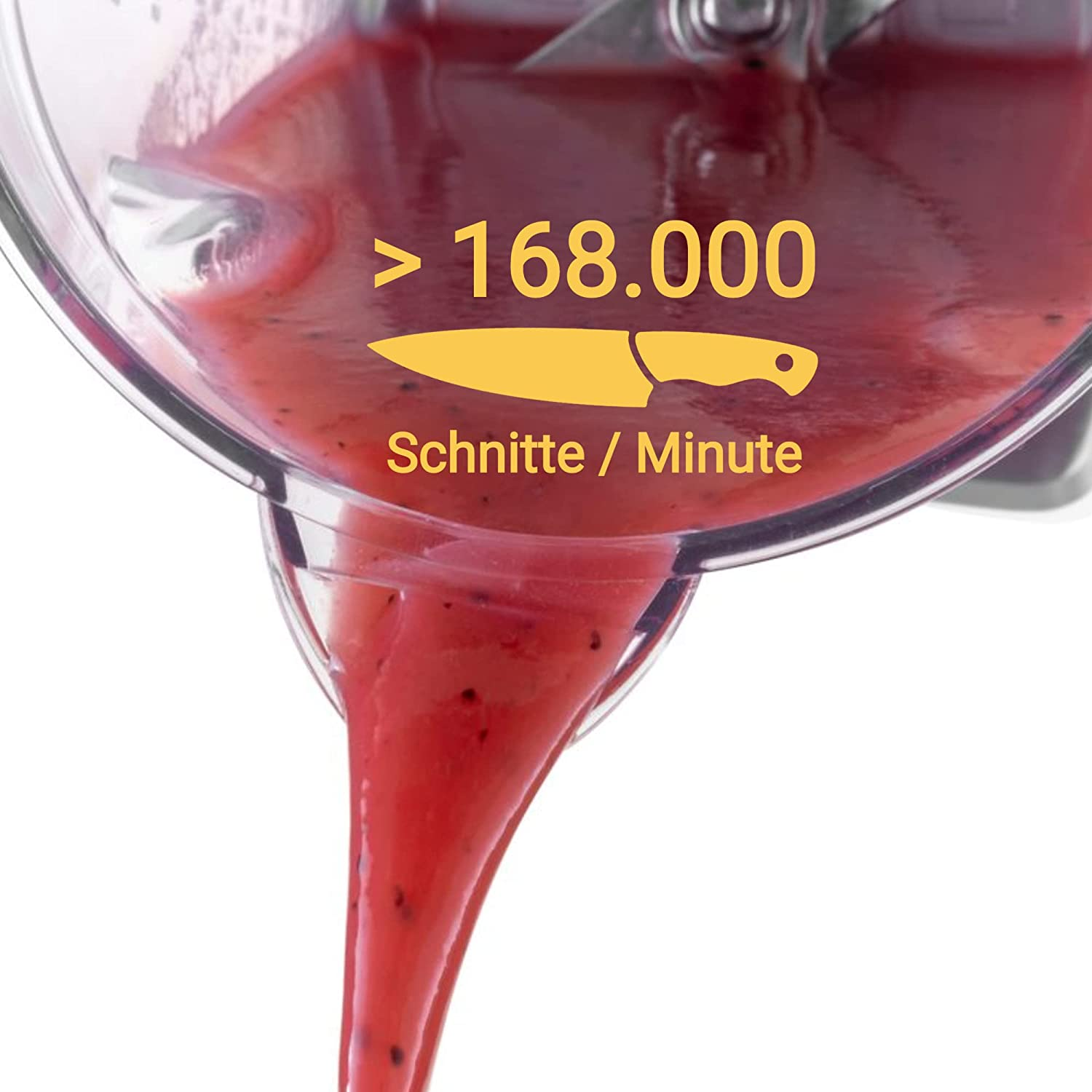 Rote Flüssigkeit aus einem Mixer. Text lautet '<gt/> 168.000 Schnitte / Minute' mit einem Messersymbol.