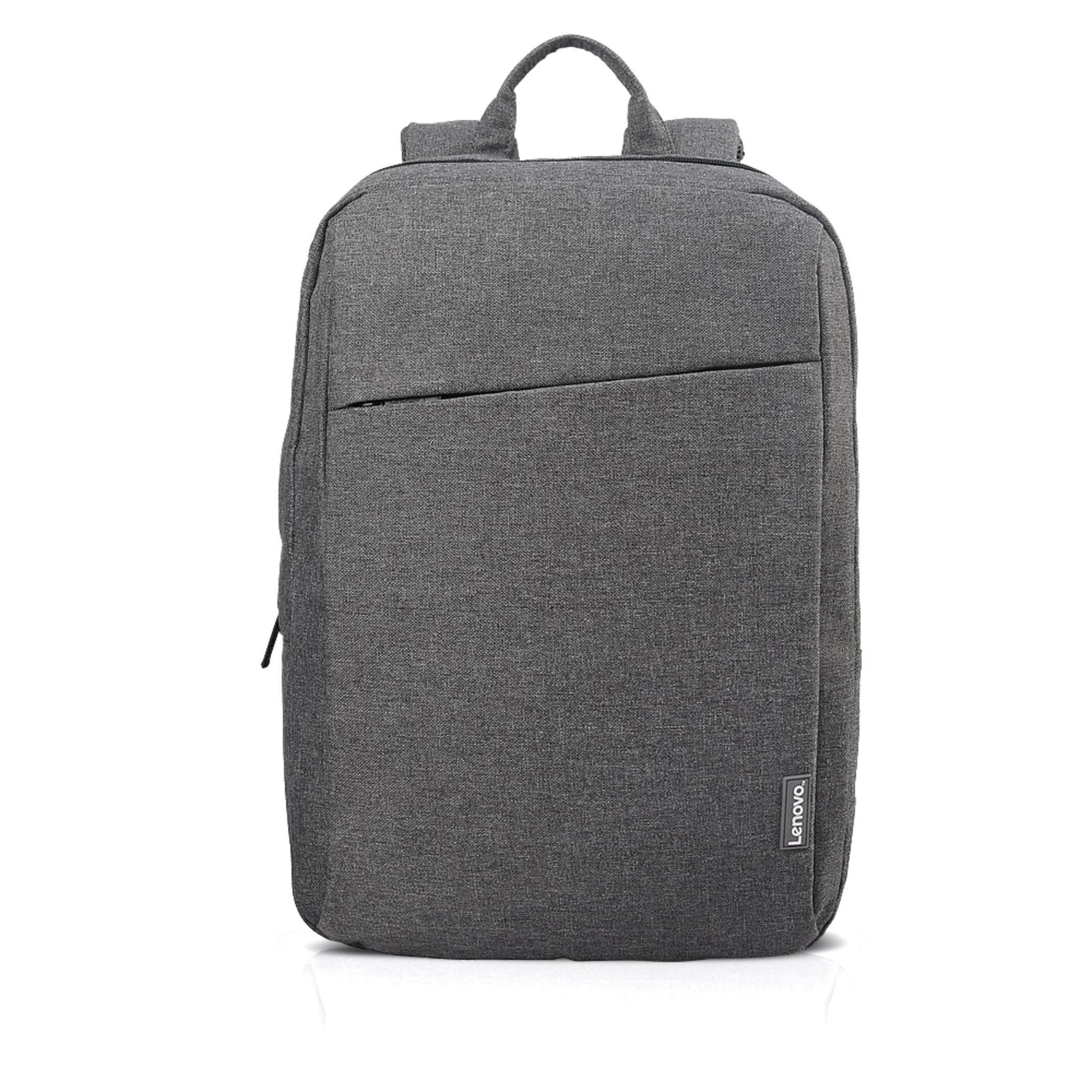 Grauer Lenovo-Rucksack mit Fronttasche und kleinem Lenovo-Logo unten.