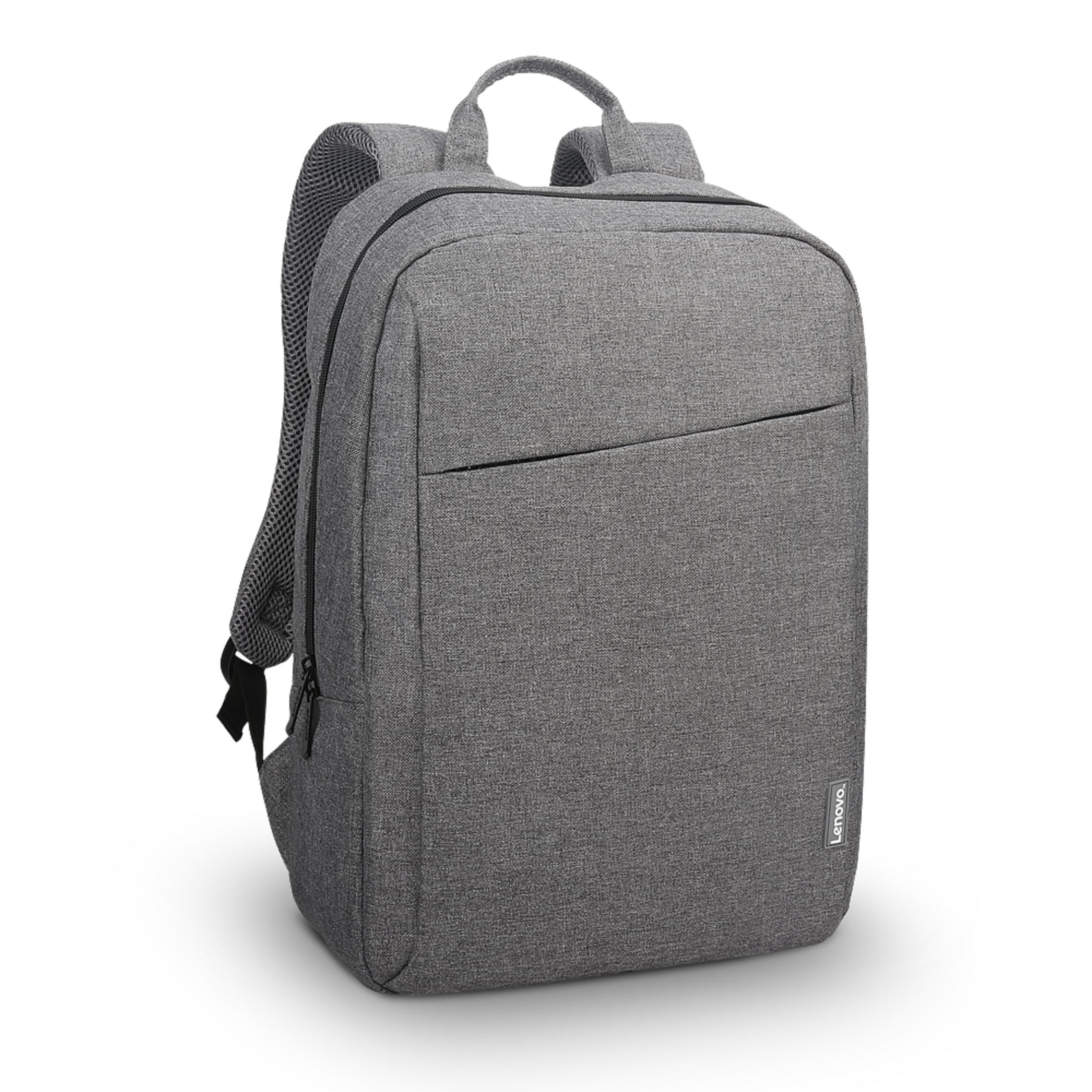 Ein grauer Lenovo-Rucksack mit schwarzem Reißverschluss und Logo auf weißem Hintergrund.