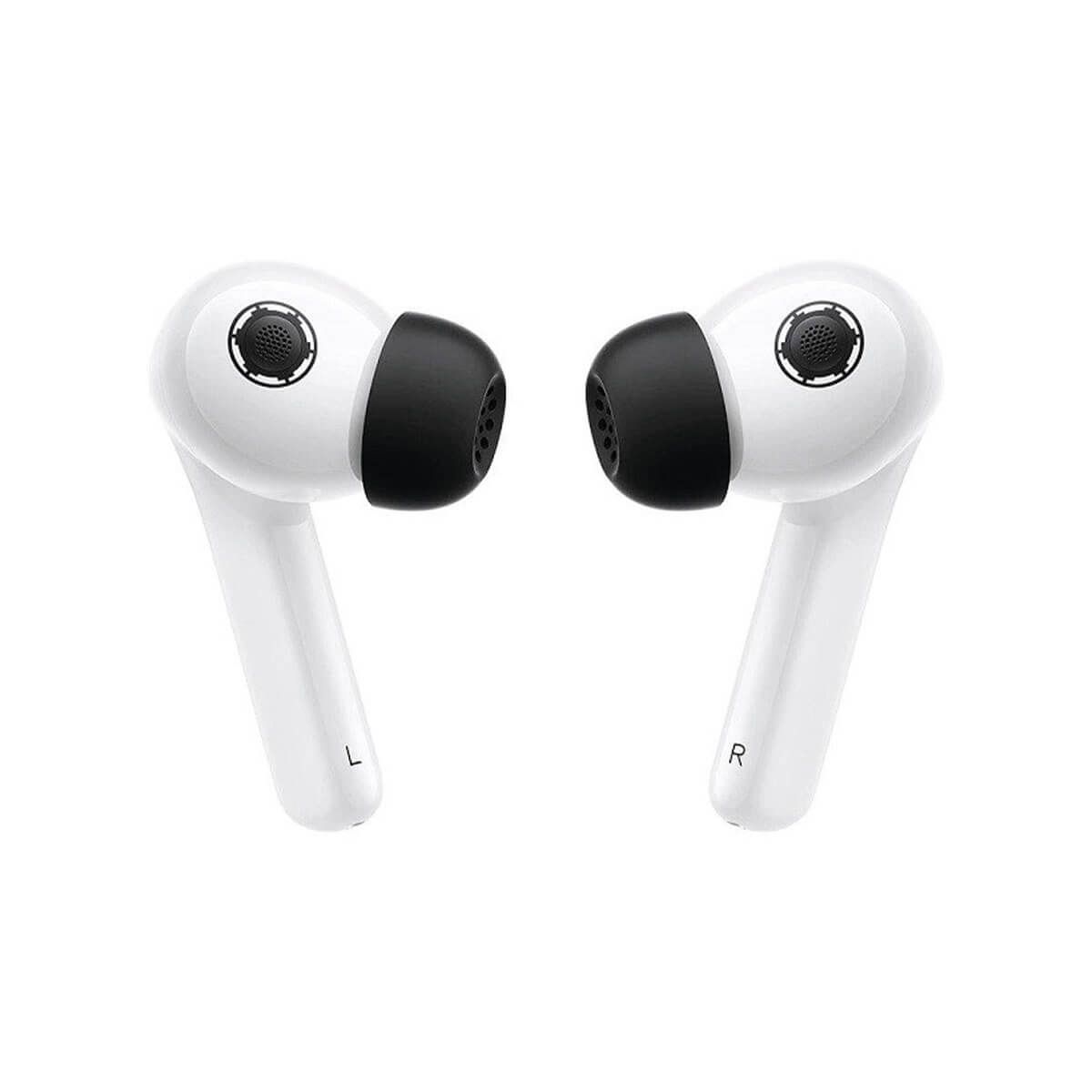 Dwa białe bezprzewodowe słuchawki z czarnymi końcówkami dousznymi na białym tle, z oznaczeniami L i R.