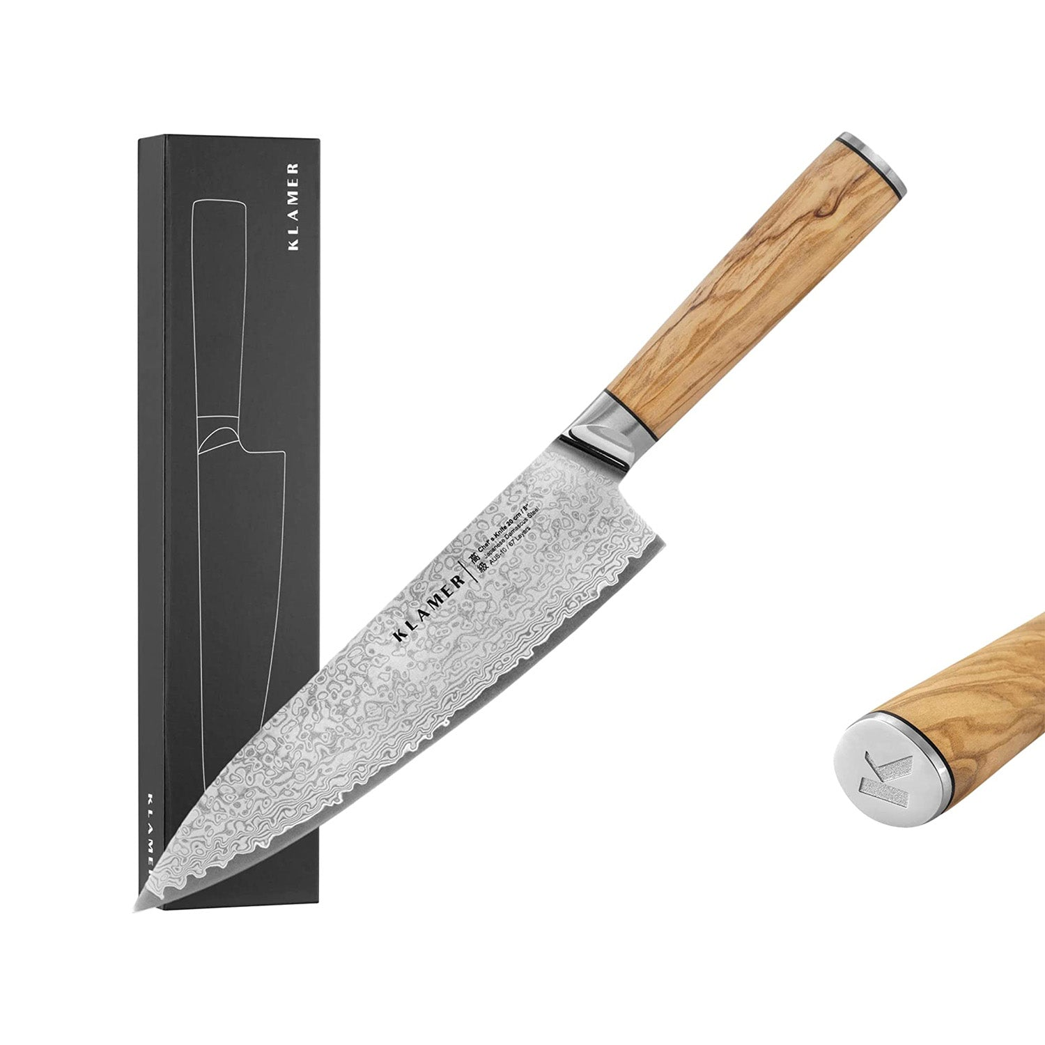 Kochmesser mit Holzgriff und gemusterter Klinge, mit Schachtel und Griffdetail.