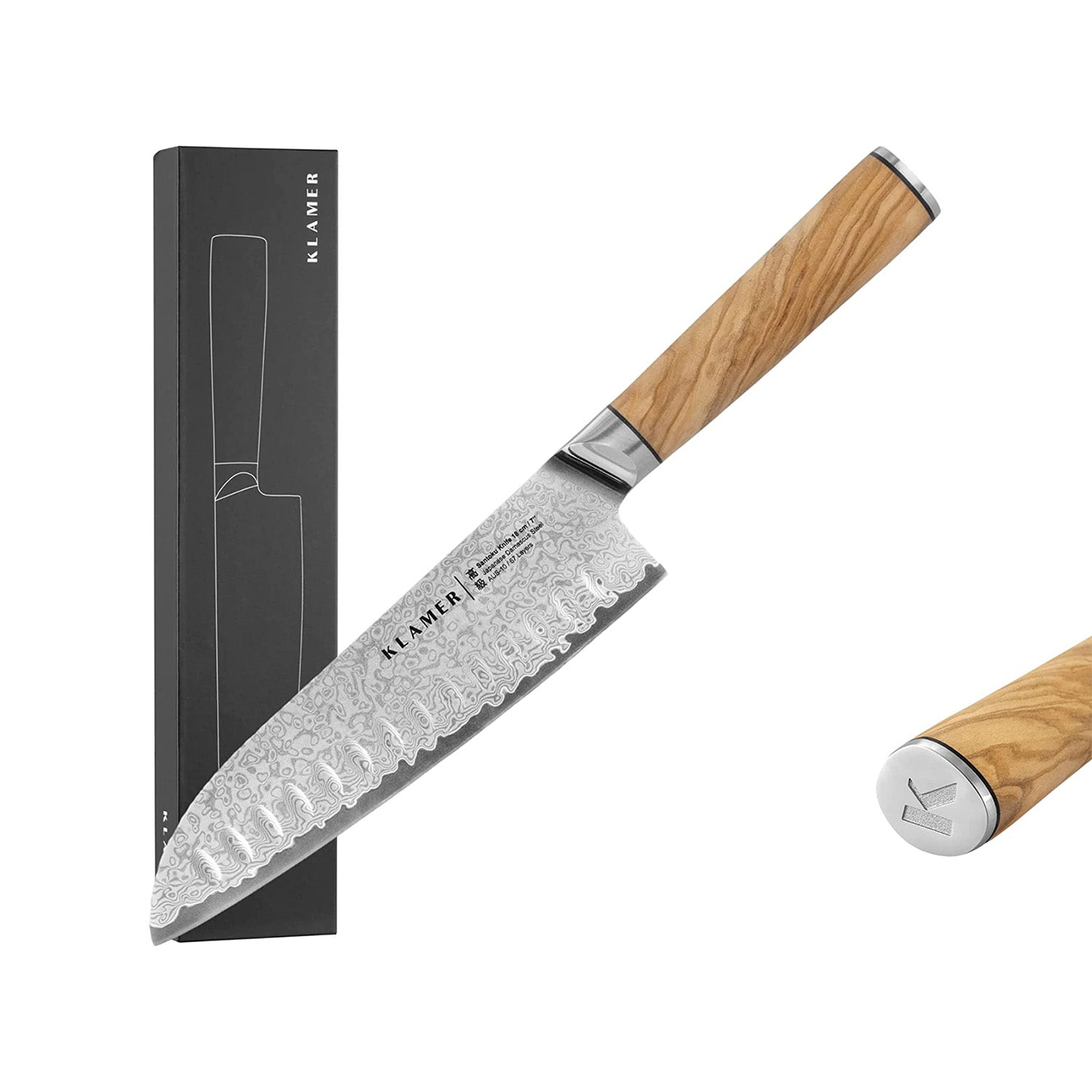 Küchenmesser mit Holzgriff und gemusterter Klinge. Schwarze Box. Weißer Hintergrund.