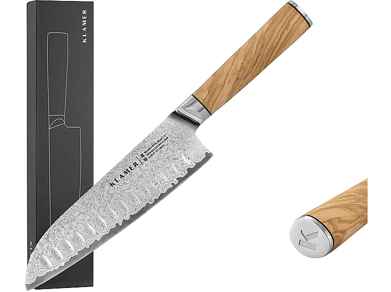 KLAMER Santoku Damastmesser 18cm mit Olivenholz Messer