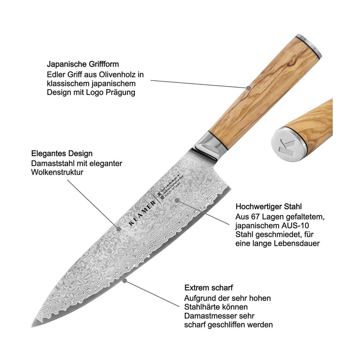 Kochmesser mit Holzgriff, verziertem Klingenmuster und Textanmerkungen.