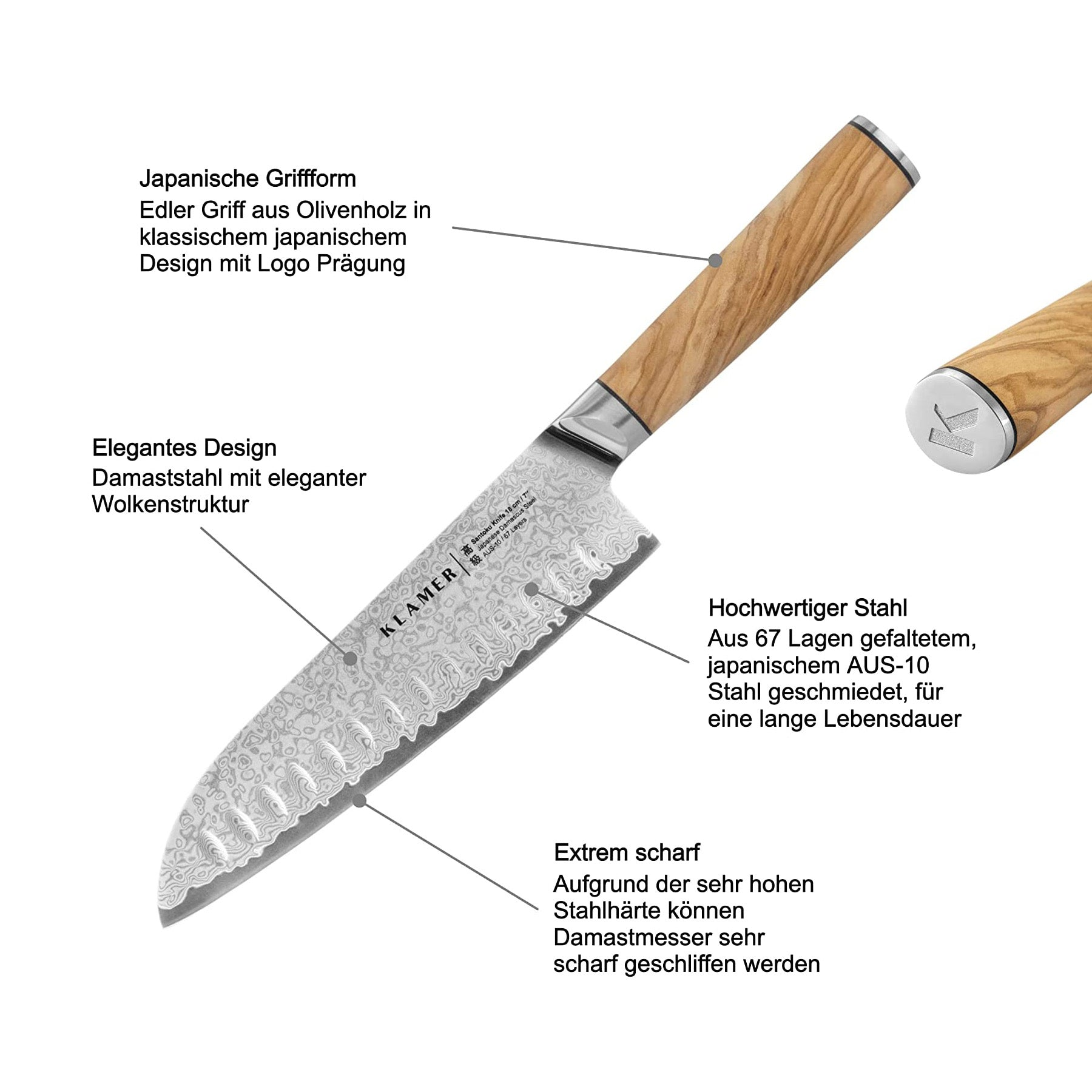 Messer mit Holzgriff und gemusterter Klinge. Textdetails Design und Stahlqualität.