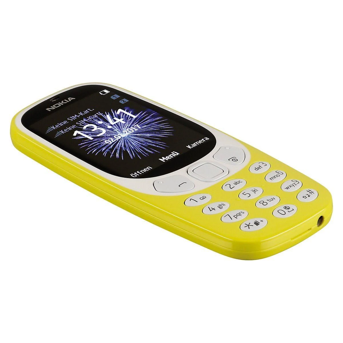 Ein gelbes Nokia-Telefon mit Zeitanzeige, weißem Hintergrund und einfacher Tastatur.