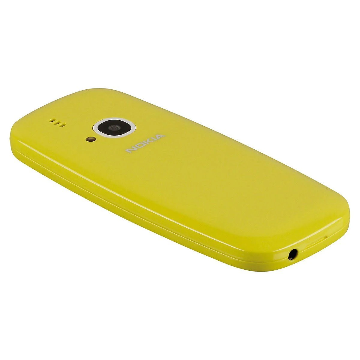 Gelbes Nokia-Telefon schräg rechts, mit Kameraobjektiv und Nokia-Markenlogo.
