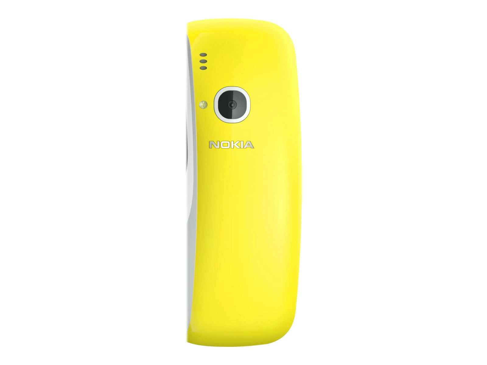 Gelbes Nokia-Telefon mit rundem Design, Kamera und Nokia-Logo.
