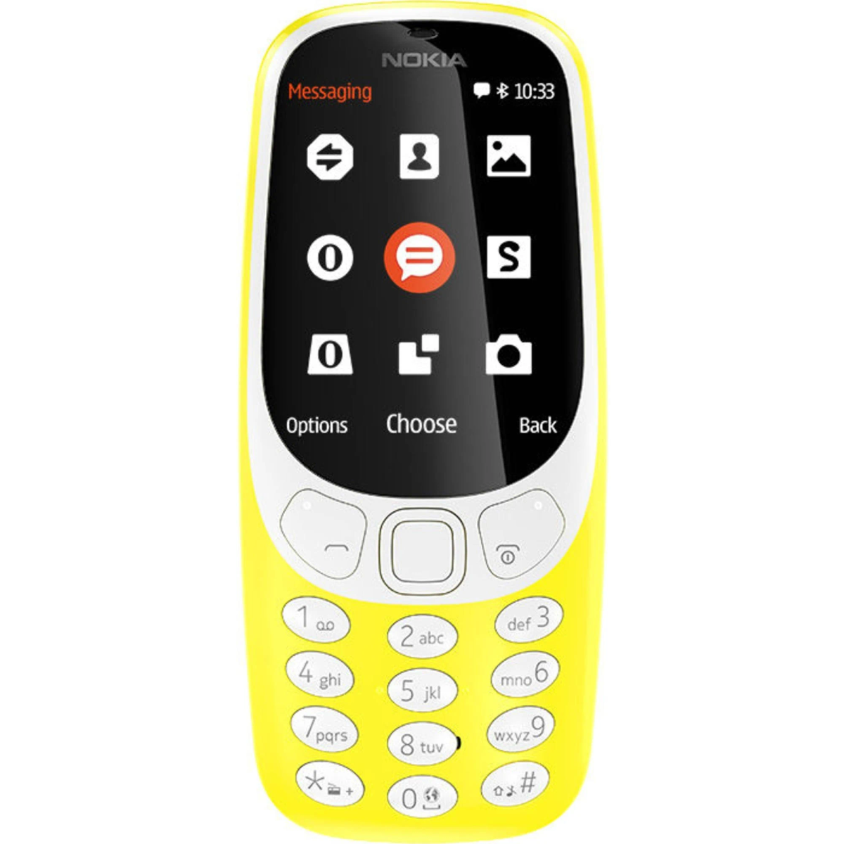 Gelbes Nokia-Telefon mit schwarzen Tasten und einem Bildschirm mit Benutzeroberfläche.