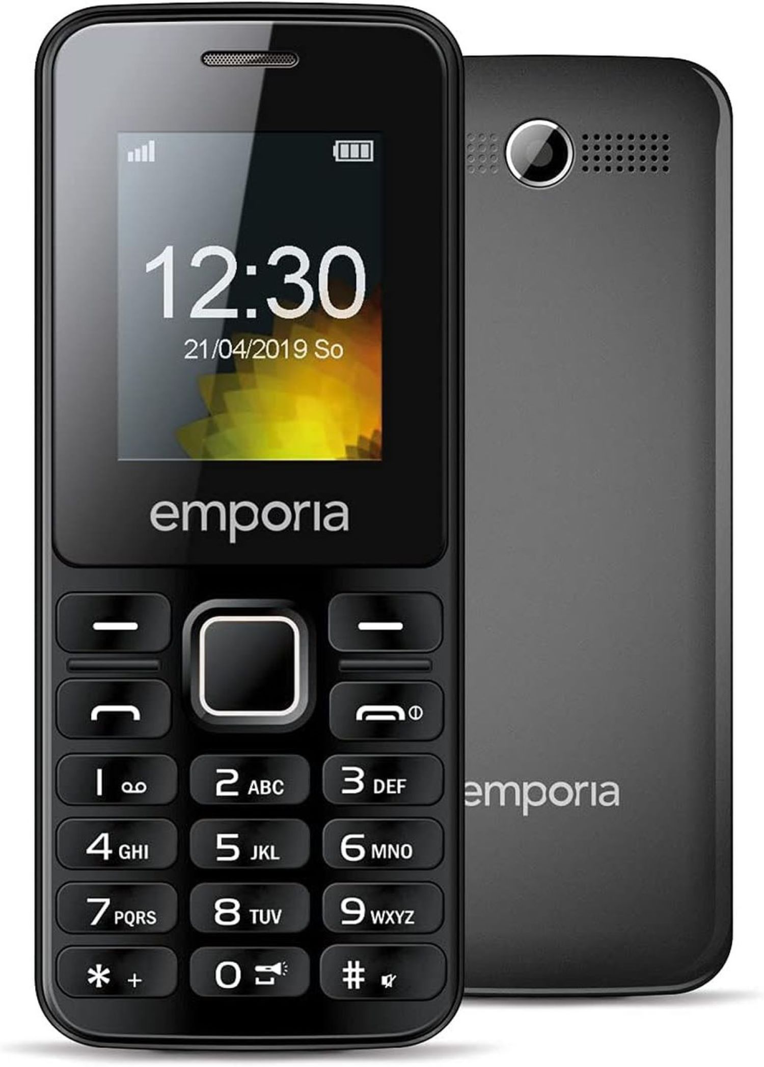 Schwarzes Emporia-Telefon mit großen Tasten, zeigt Zeit und Datum auf weißem Hintergrund.