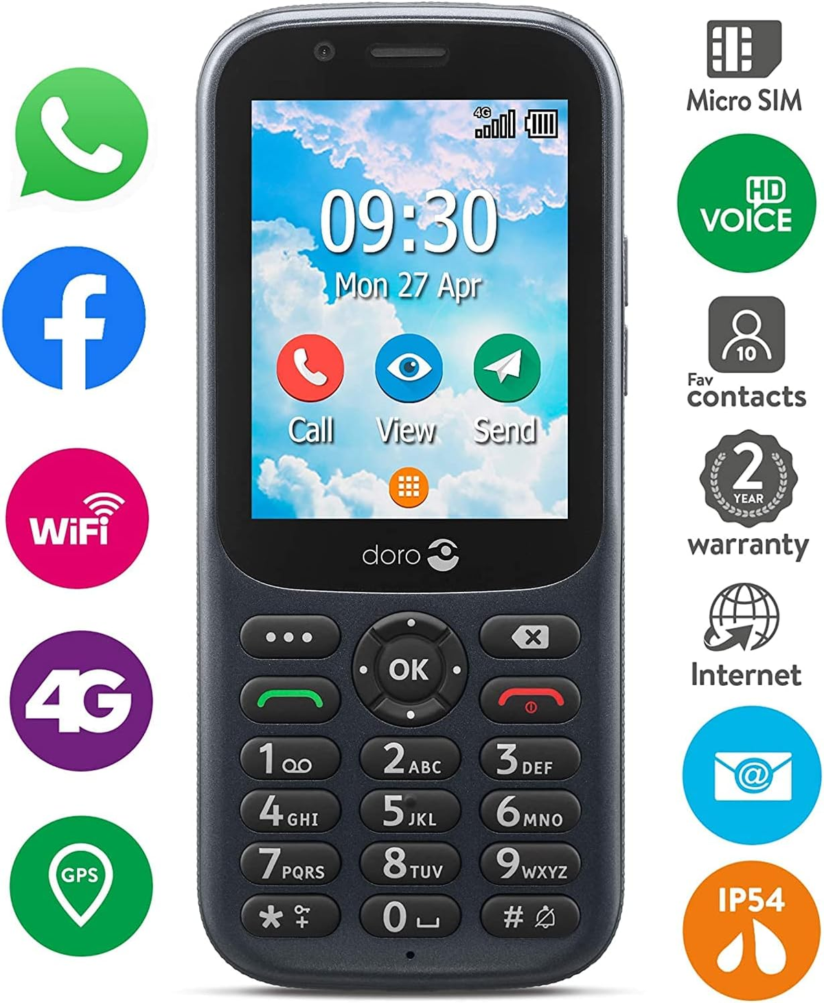 Teléfono Doro negro con iconos de aplicaciones y teclado. La pantalla muestra la hora y la fecha.