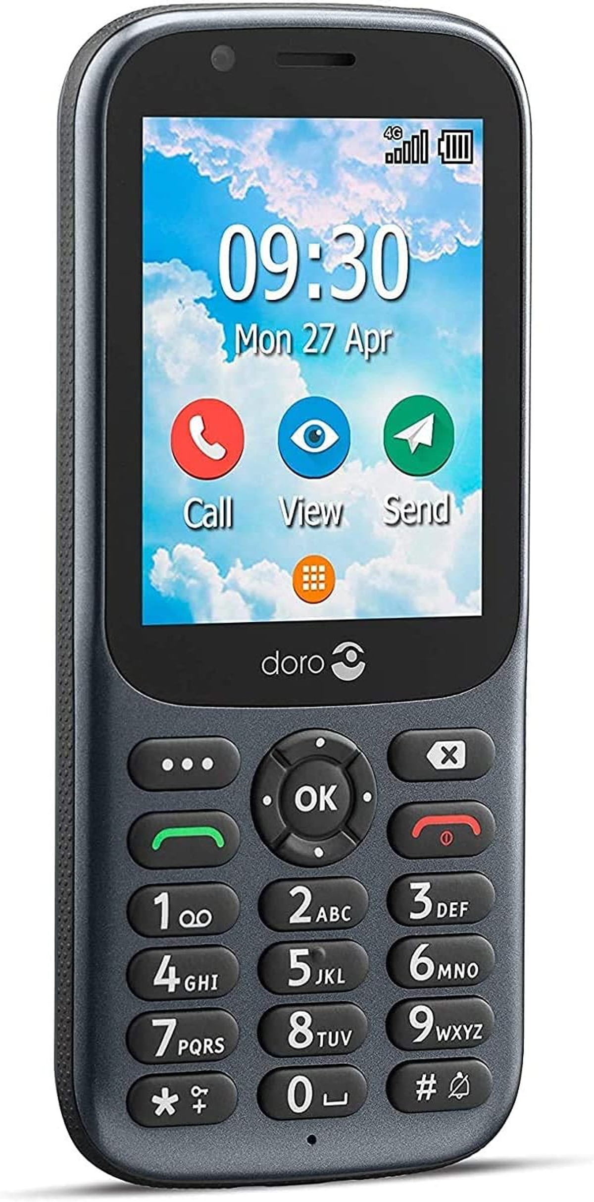 Teléfono Doro negro con pantalla mostrando hora y fecha. Tiene teclado y diseño simple.