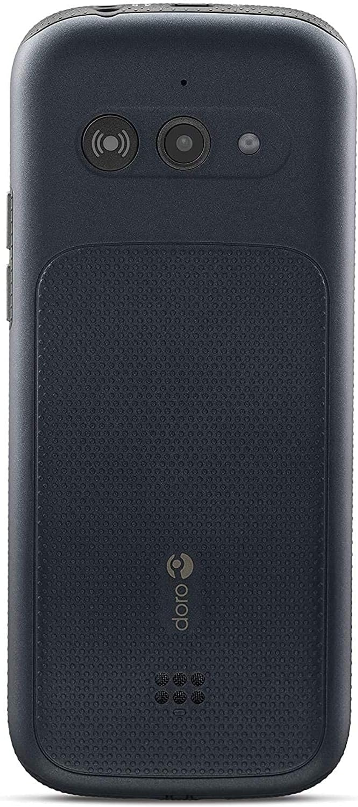 Parte trasera de un teléfono Doro negro con cámara y textura. Logo Doro abajo.