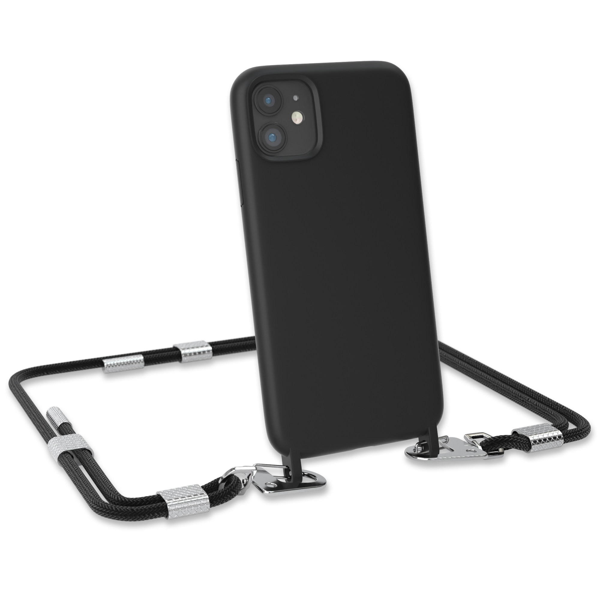 Schwarze Handyhülle mit schwarzem und silbernem Riemen. Telefon vor weißem Hintergrund.
