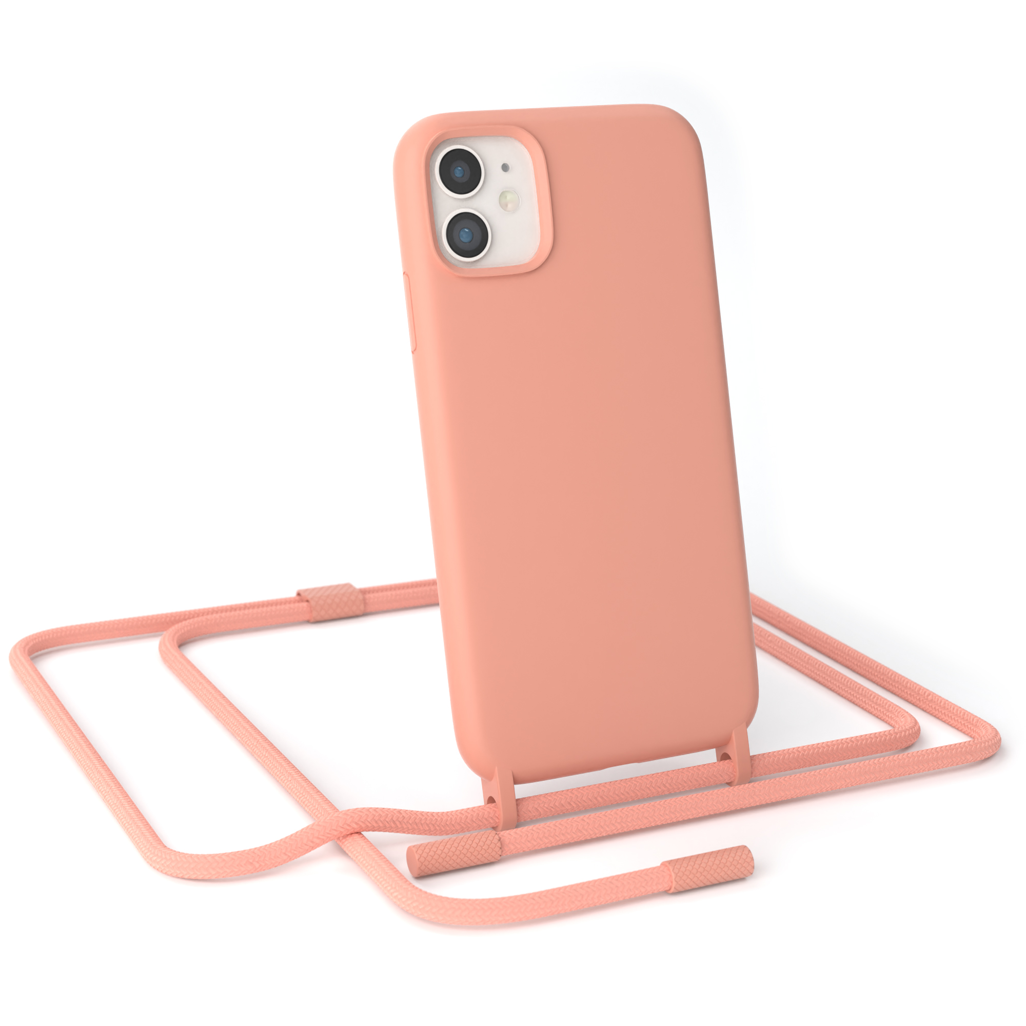 Pfirsichfarbene Handyhülle mit passendem Kordel. Das Telefon ist sichtbar.