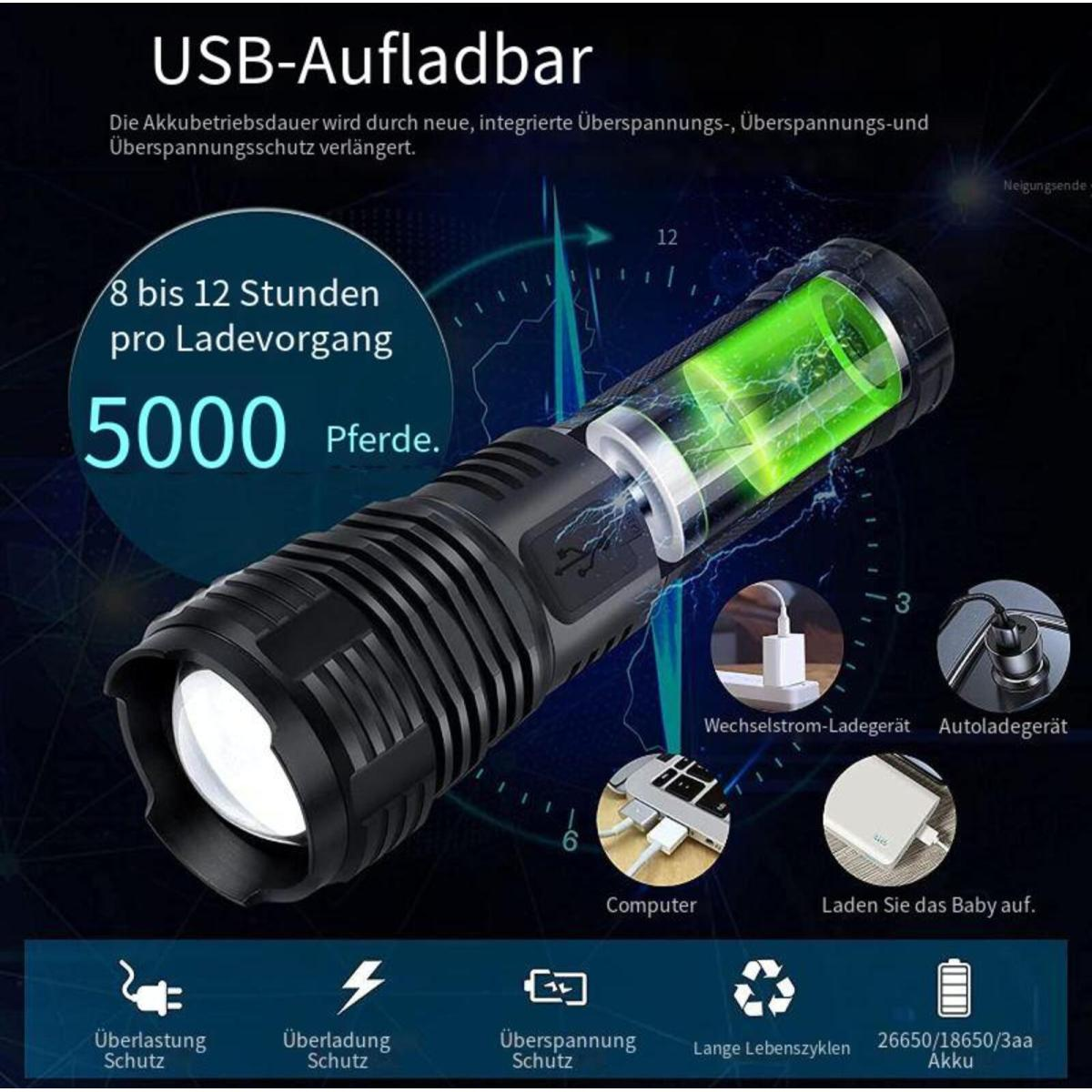 Taschenlampe mit Batteriebilde und Ladesymbolen. Schwarzer Hintergrund.