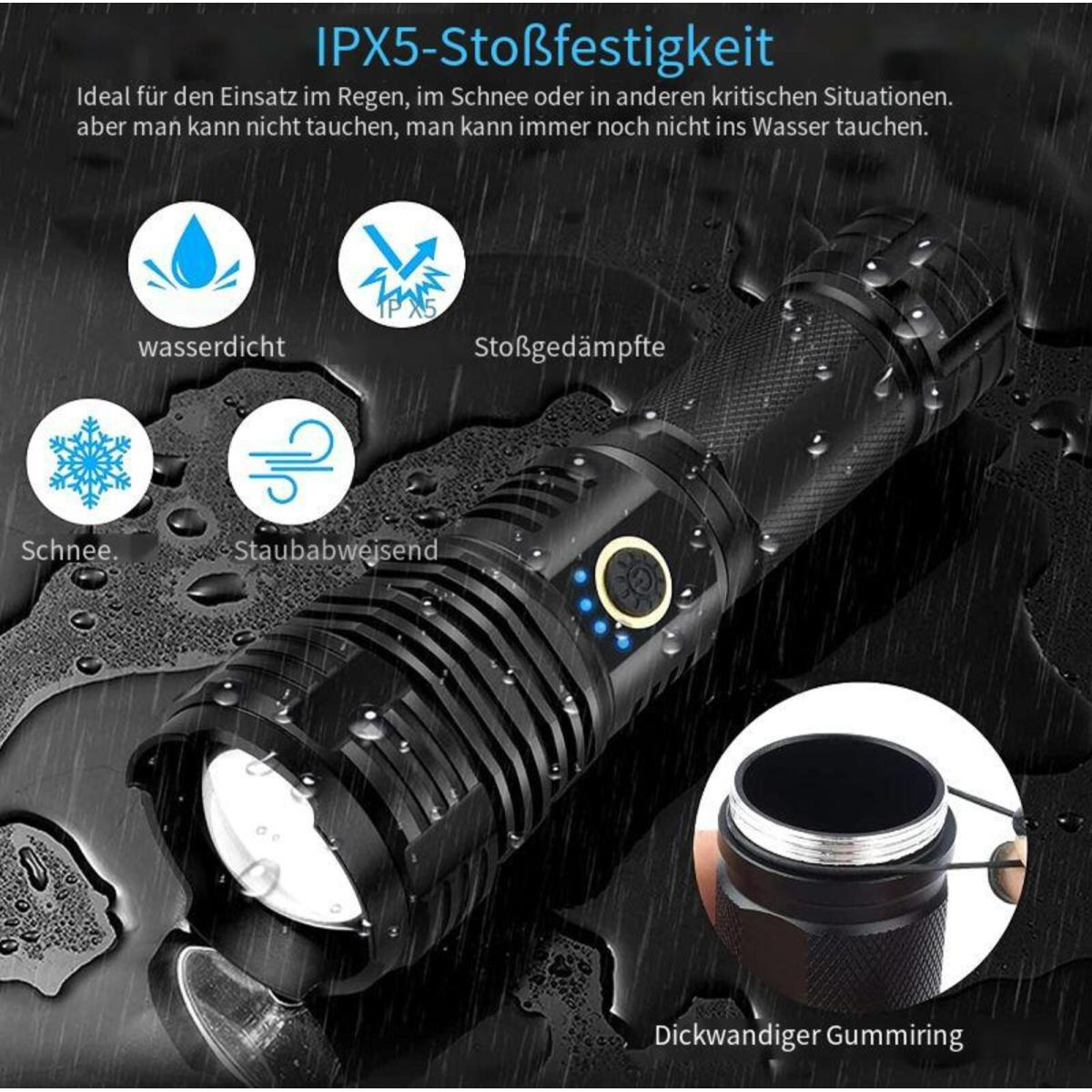 Eine schwarze Taschenlampe liegt auf einer Oberfläche mit Wassertropfen. Text beschreibt Funktionen wie wasserdicht und stoßfest.