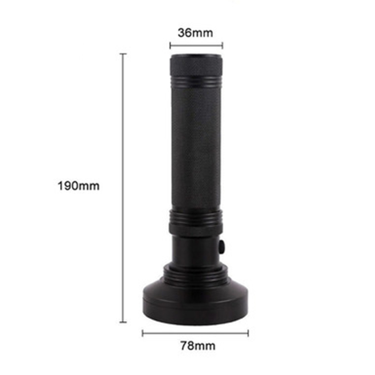 Eine schwarze Taschenlampe mit beschrifteten Abmessungen. Sie ist zylindrisch mit breitem Sockel.