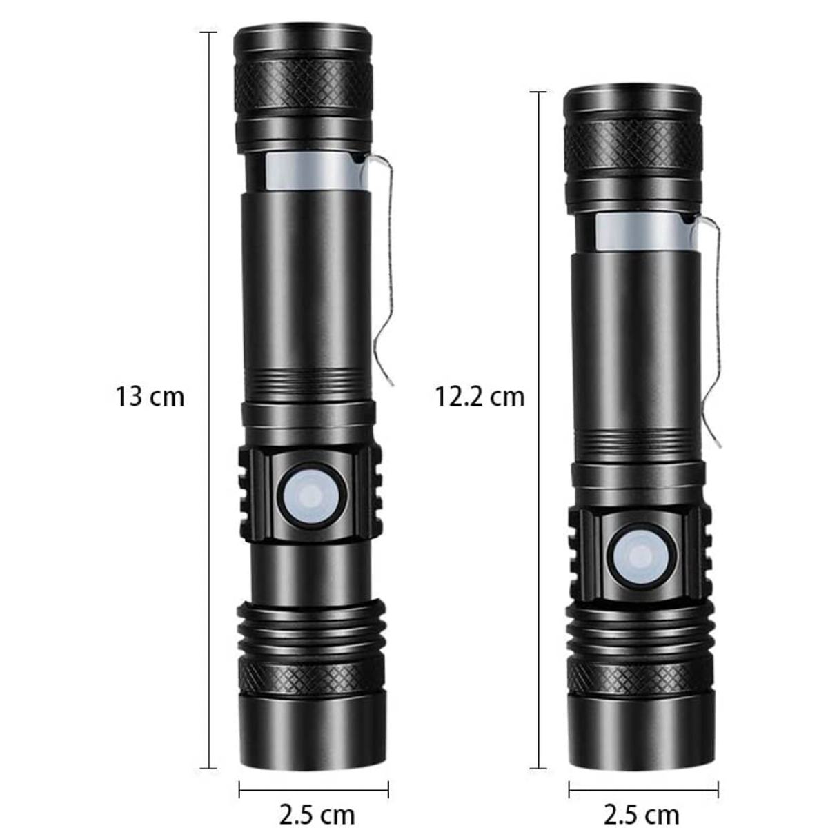 Zwei schwarze Taschenlampen. Eine ist größer, beide zylindrisch, mit Maßangaben.