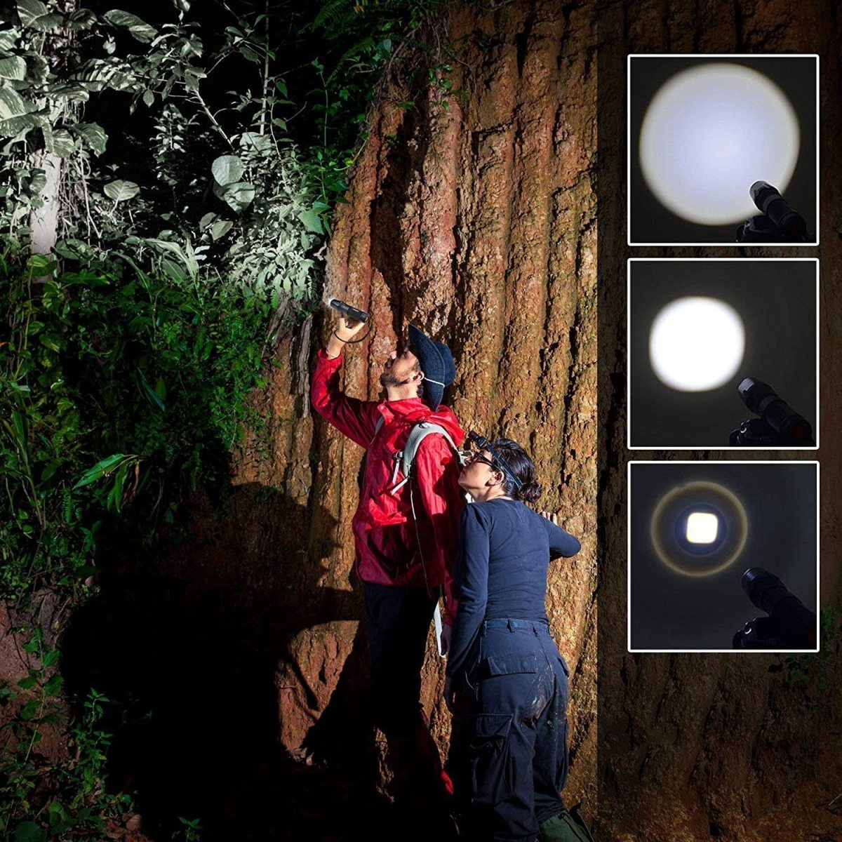 Zwei Personen erkunden eine Höhle mit einer Taschenlampe. Drei Lichtstrahlen in der Ecke gezeigt.