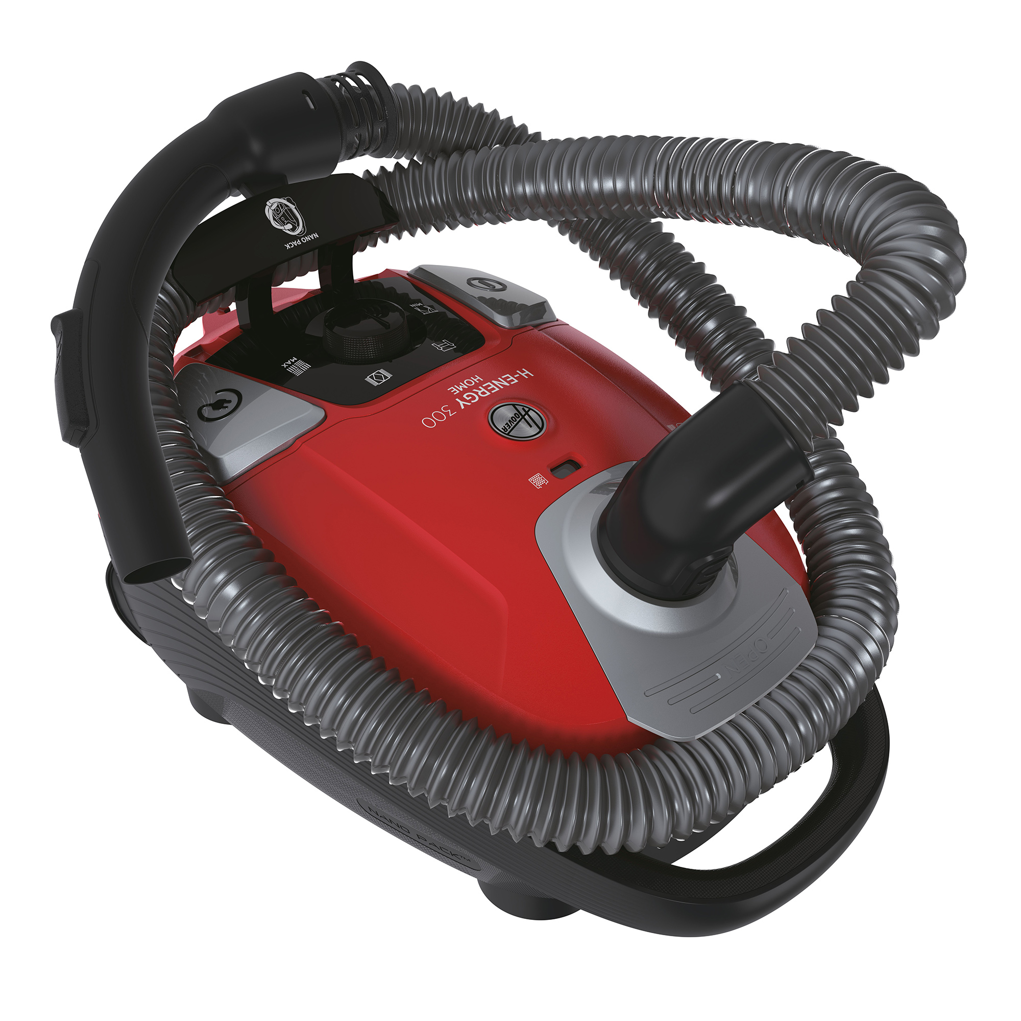 Czerwony odkurzacz Hoover H-Energy 300 z szarym wężem, widok z góry.