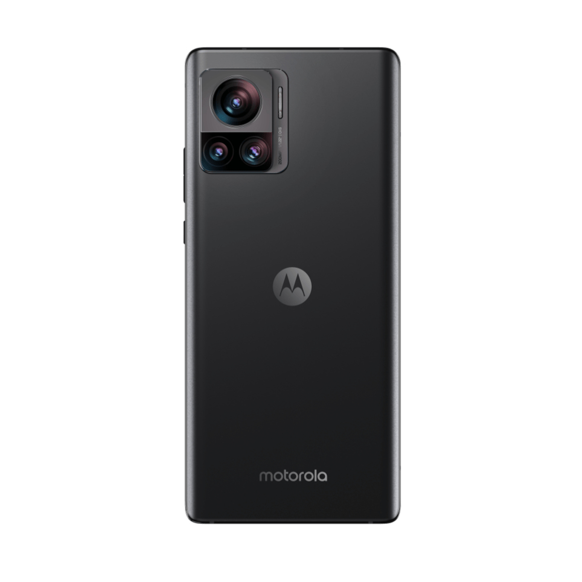 Schwarzes Motorola-Telefon mit drei Kameras. Motorola-Logo. Weißer Hintergrund.