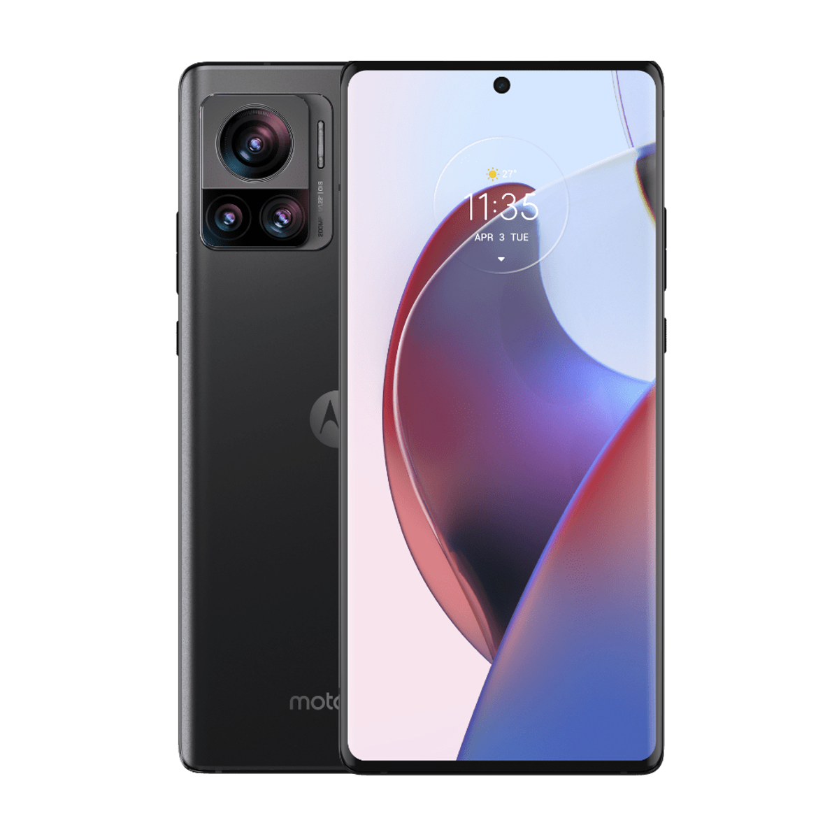 Ein schwarzes Motorola-Smartphone, das die Rück- und Vorderseite mit einer Kameraanordnung und der Uhrzeit zeigt.