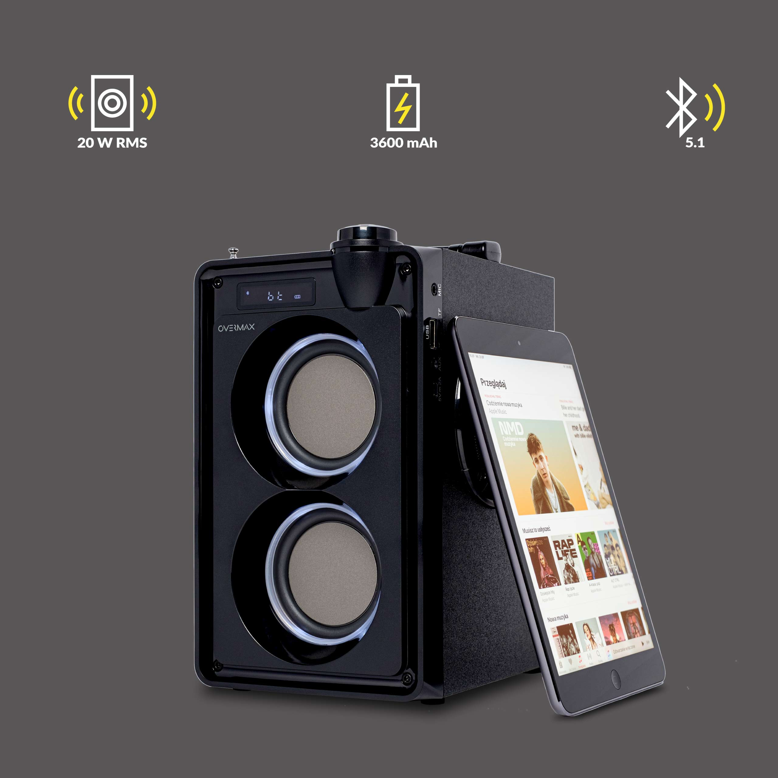 Schwarzer Lautsprecher mit Tablet, 20W RMS, 3600 mAh Akku und 5.1 Bluetooth. Grauer Hintergrund.