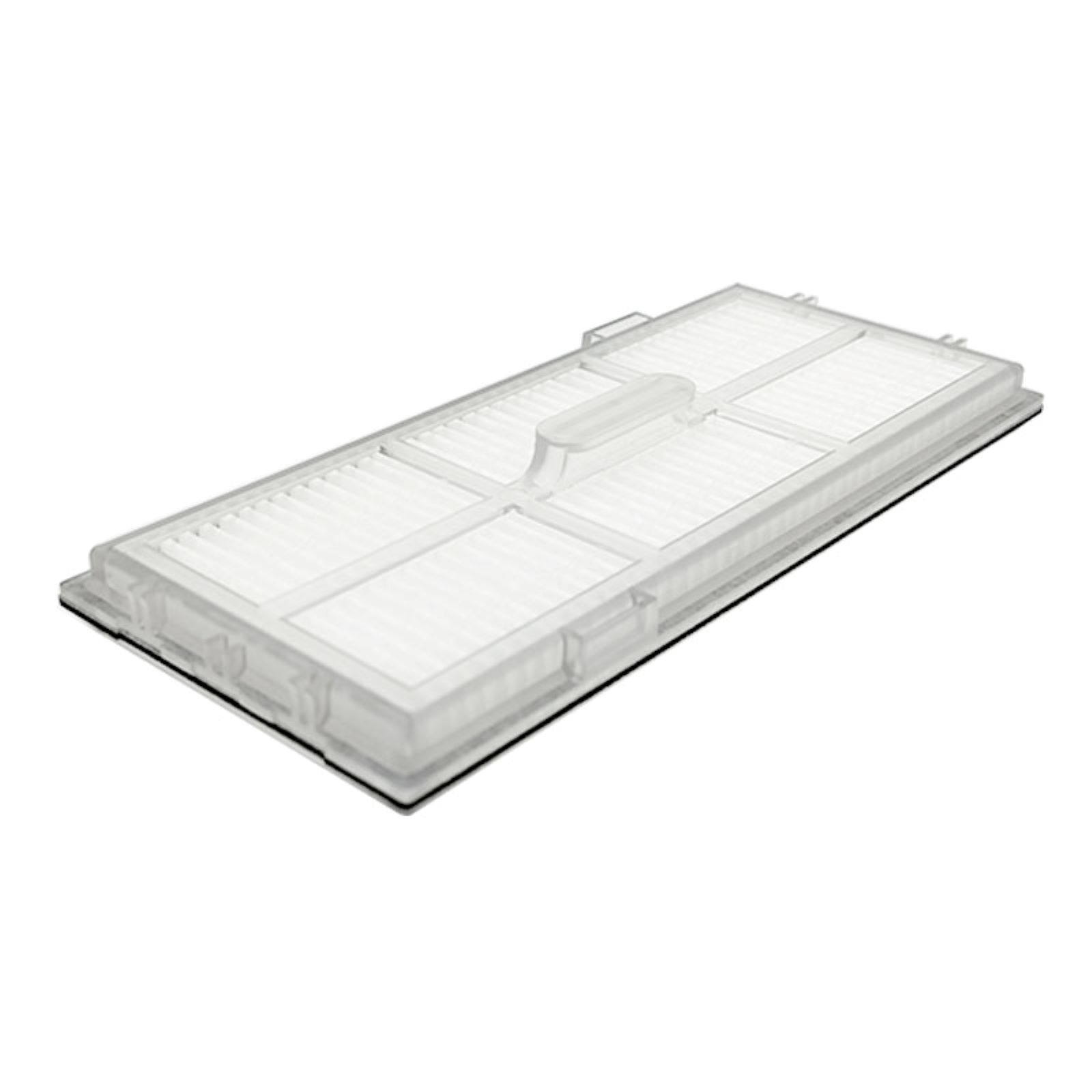 Un filtro dell'aria rettangolare. È bianco con un telaio in plastica trasparente ed è angolato su uno sfondo bianco.