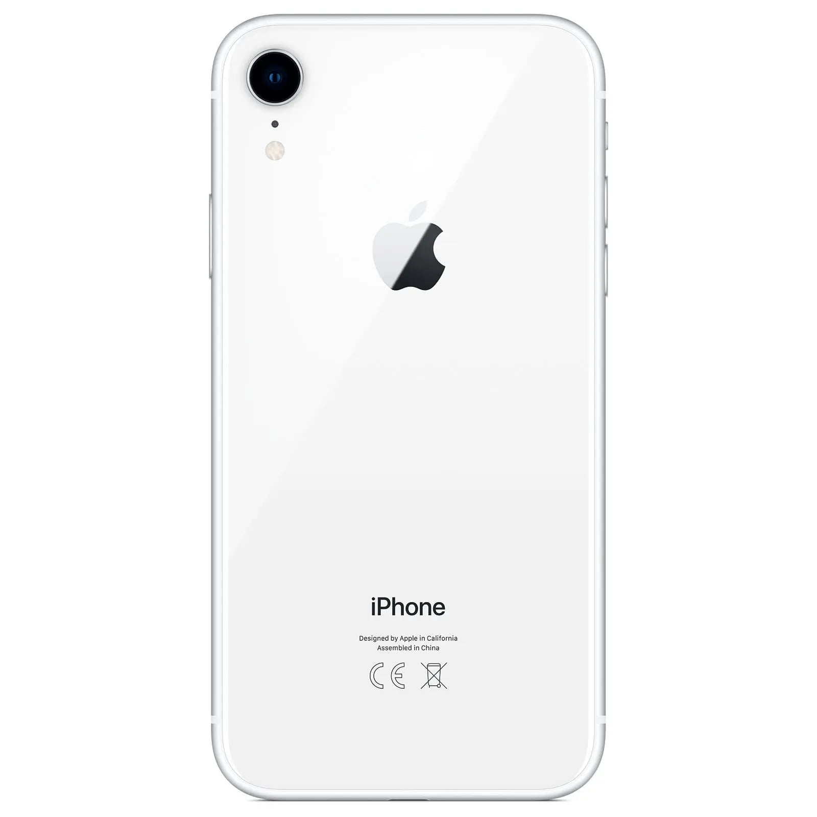 Parte trasera de un iPhone XR blanco con una sola cámara y flash, y el logo de Apple, sobre fondo blanco.