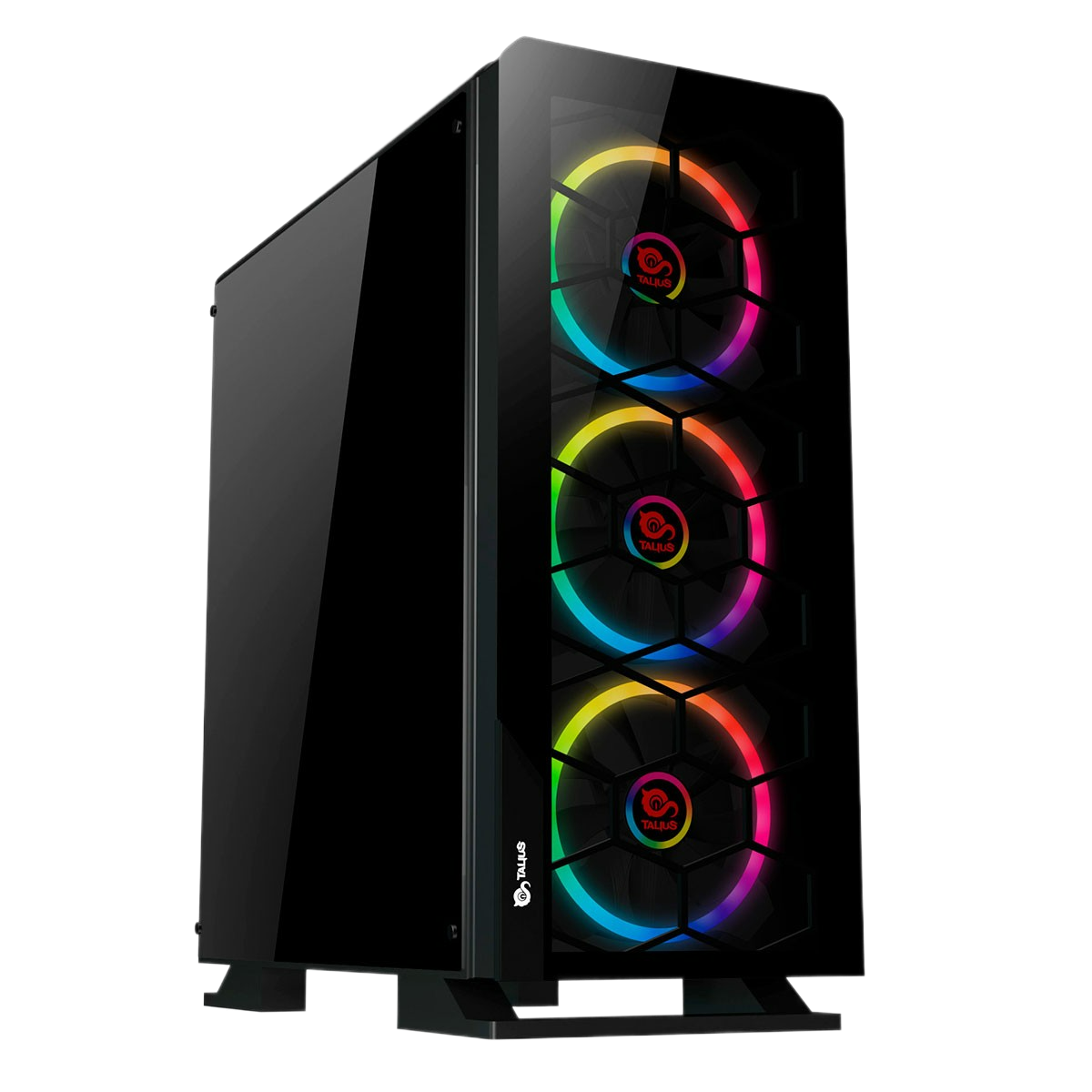 Caja de ordenador negra con ventiladores de colores.