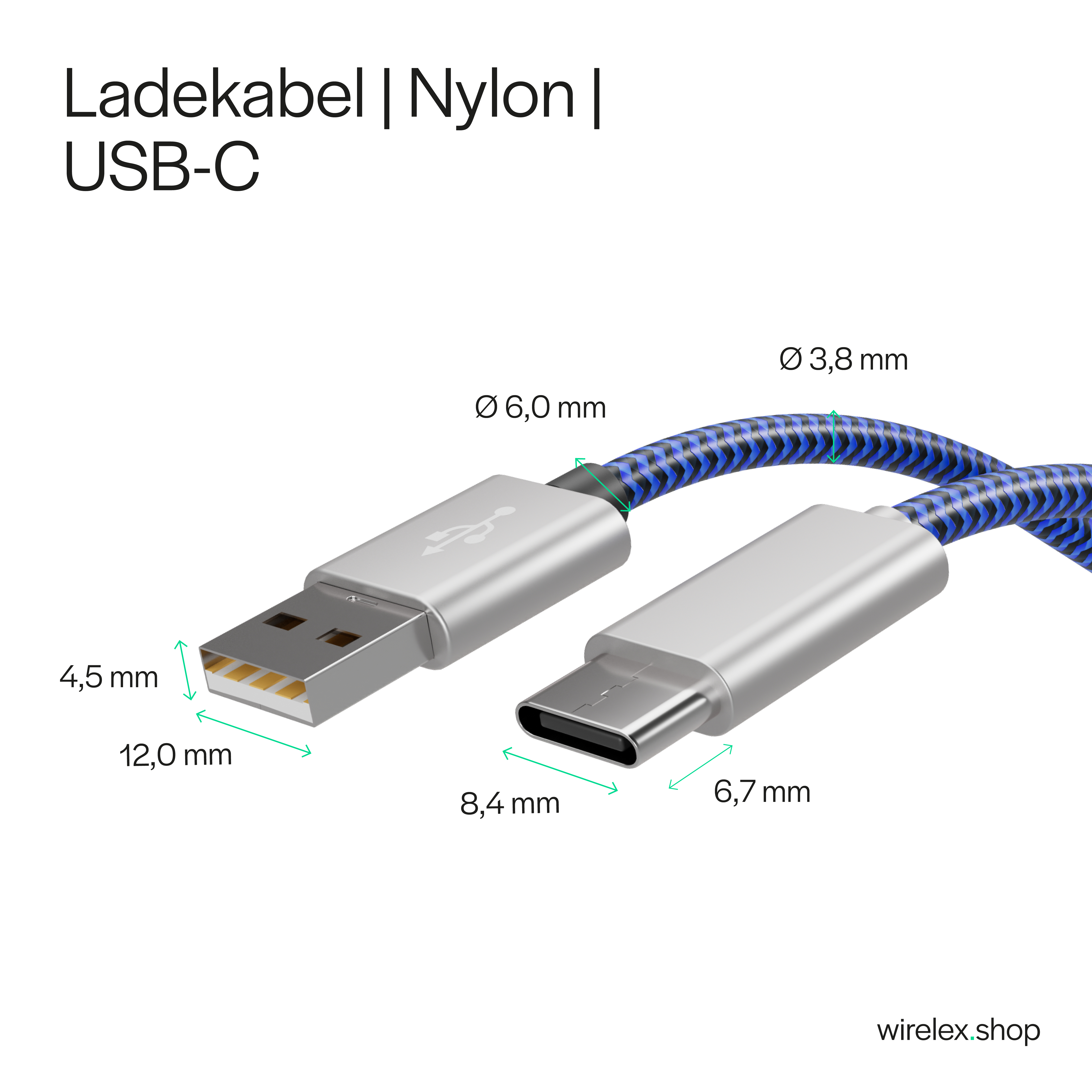Stecker USB A blau C, USB Kabel KABELBUDE USB-Ladekabel 0,9m auf Typ