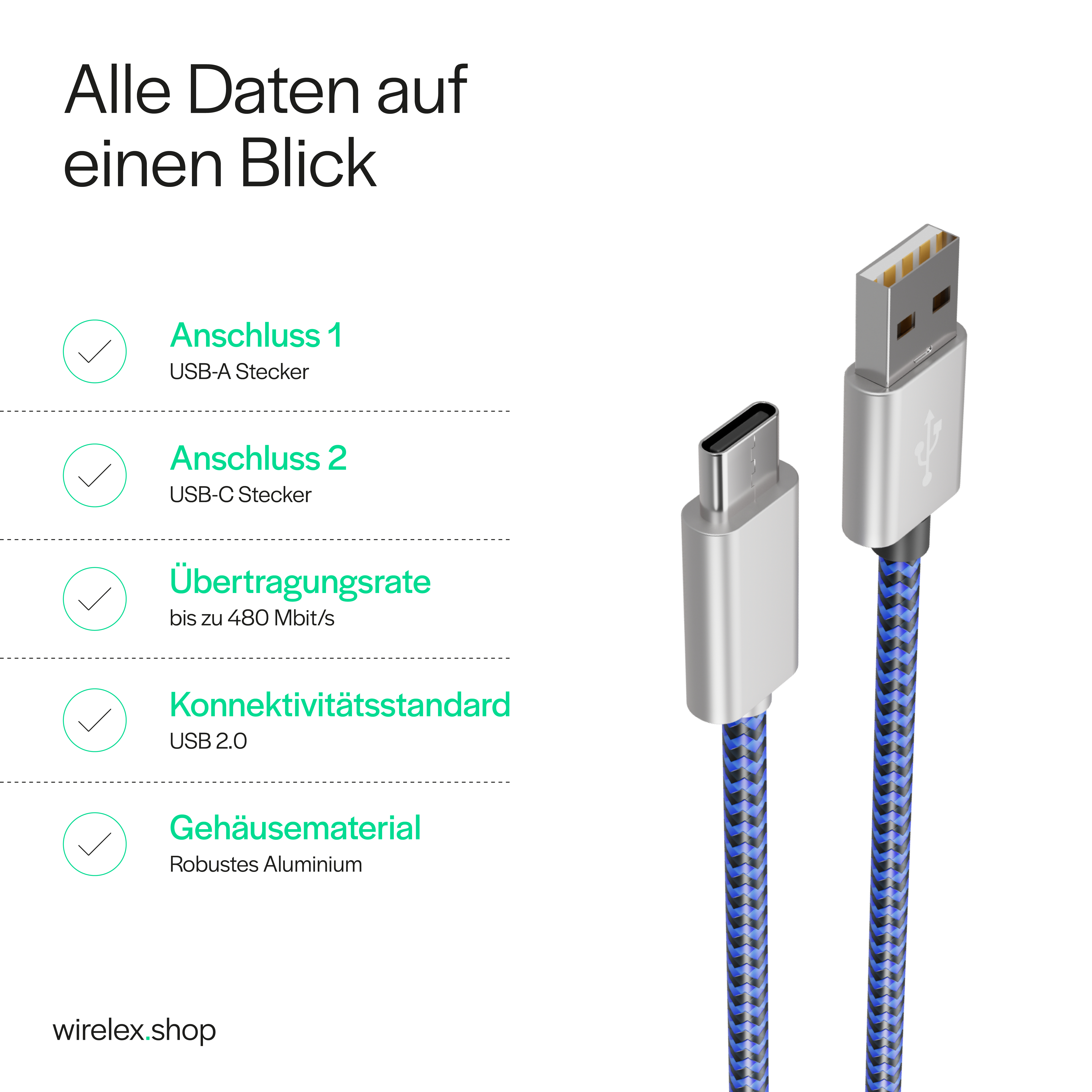blau USB-Ladekabel Kabel KABELBUDE auf C, USB Stecker A USB 0,3m Typ