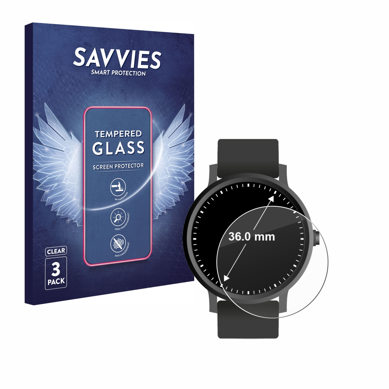SAVVIES 3x 9H klares Schutzglas(für 36 Kreisrunde (ø: mm)) Displays Universal
