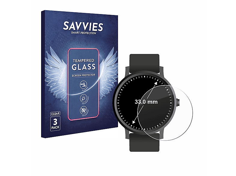 SAVVIES 3x 9H klares Schutzglas(für Universal Kreisrunde Displays (ø: 33 mm))