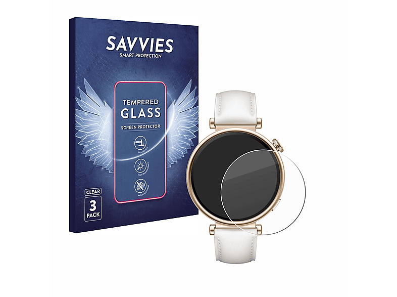 SAVVIES 3x 9H klares Schutzglas(für Huawei Watch GT 4 (41mm)) | Smartwatch Schutzfolien & Gläser