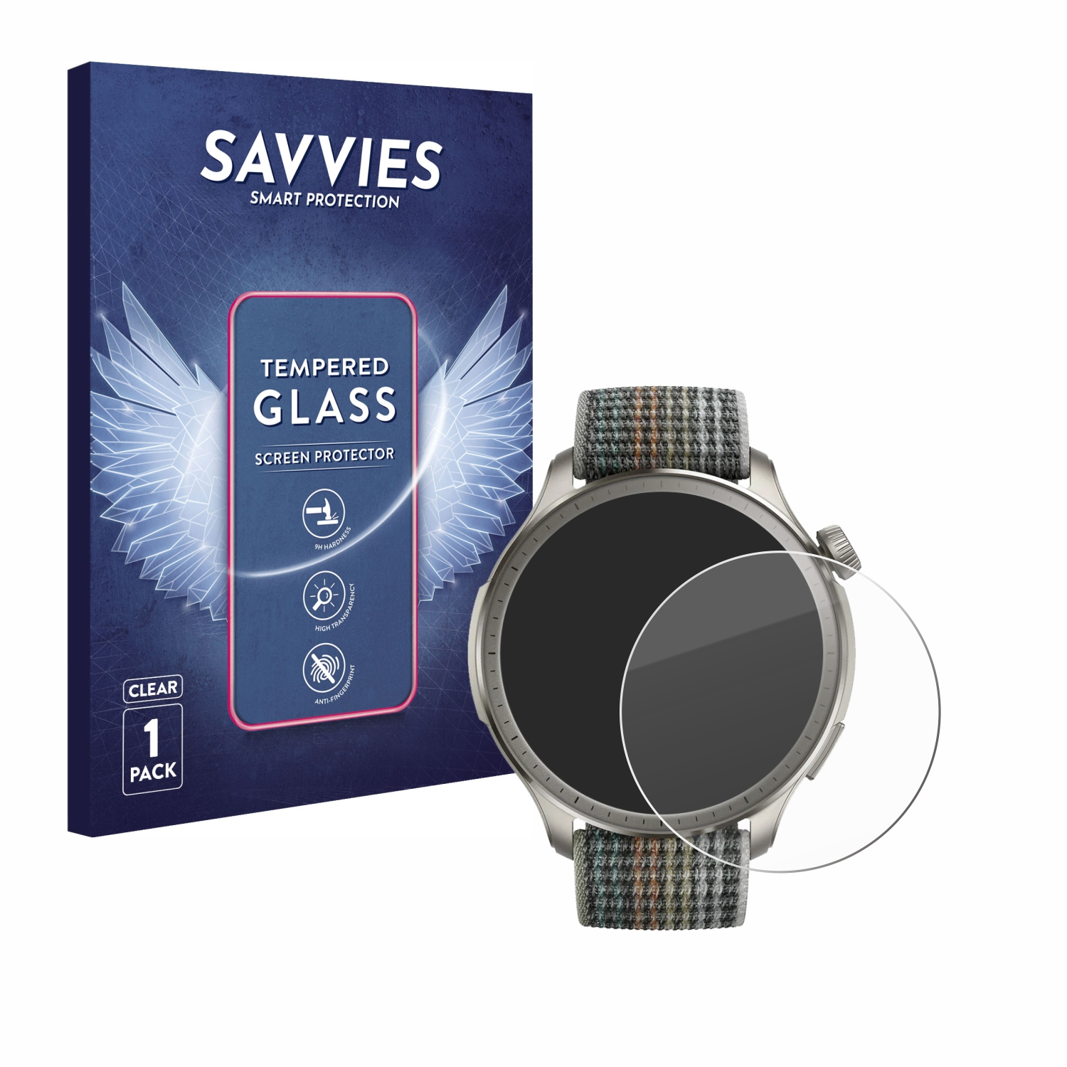 Eine Smartwatch und ein Displayschutz mit Verpackung. Der Schutz ist klar und kreisförmig.
