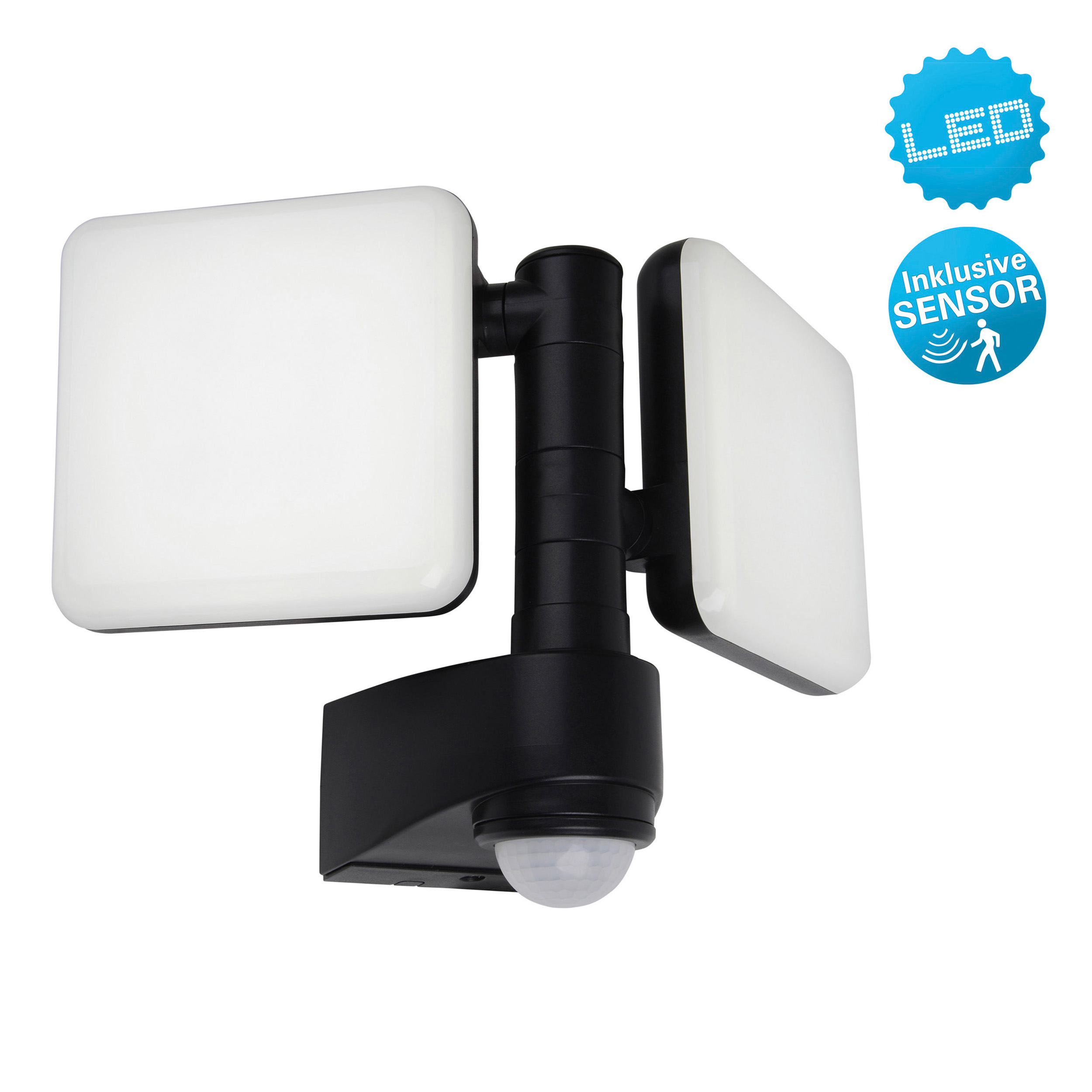 Schwarze LED-Außenleuchte mit zwei Lichtern und einem Sensor.
