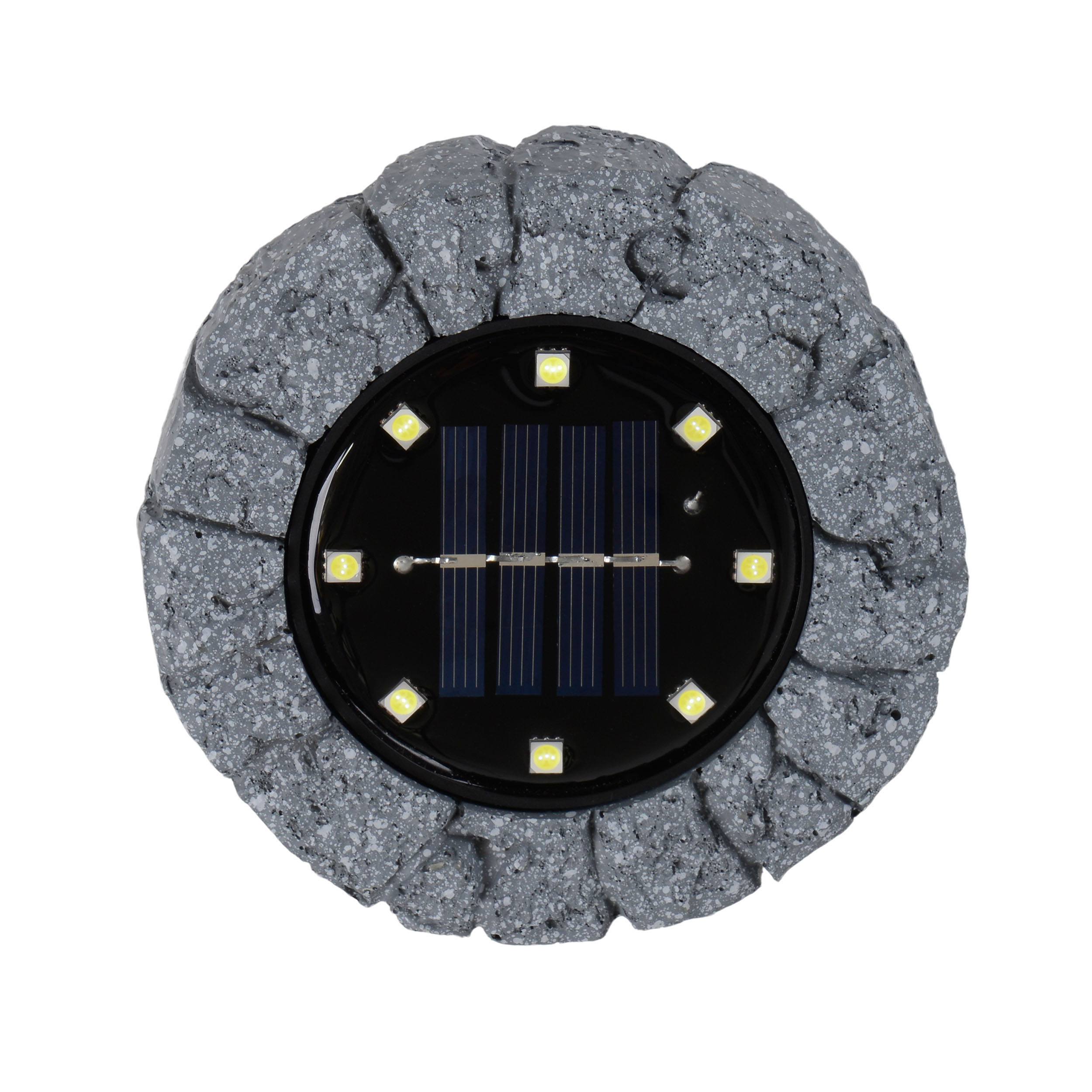 Graues, felsenartiges Solarlicht. Es hat Sonnenkollektoren und LEDs auf einer schwarzen Oberfläche.