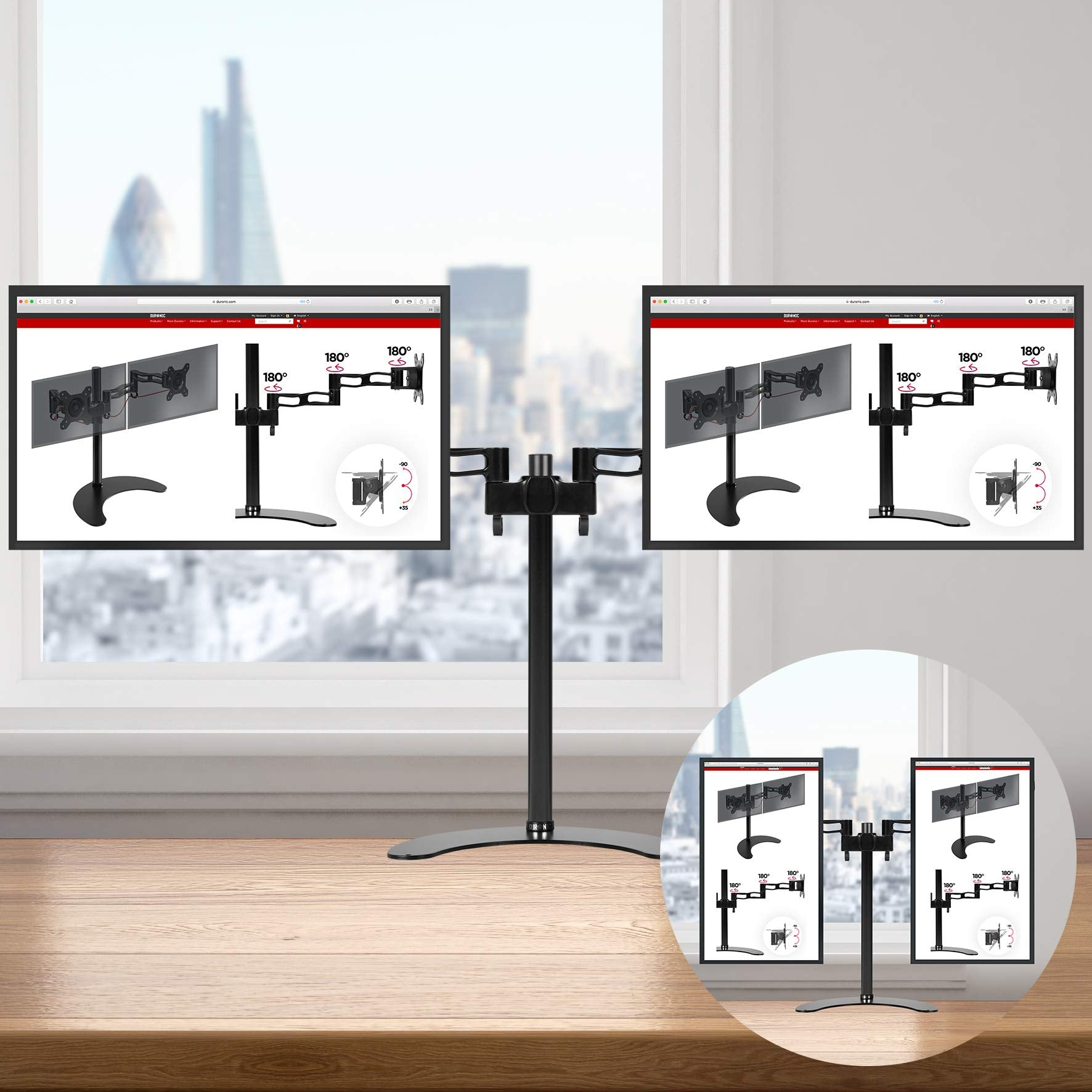 Zwei Monitore auf einem Ständer, mit Stadt im Hintergrund. Zusätzliche Diagramme auf Monitoren.