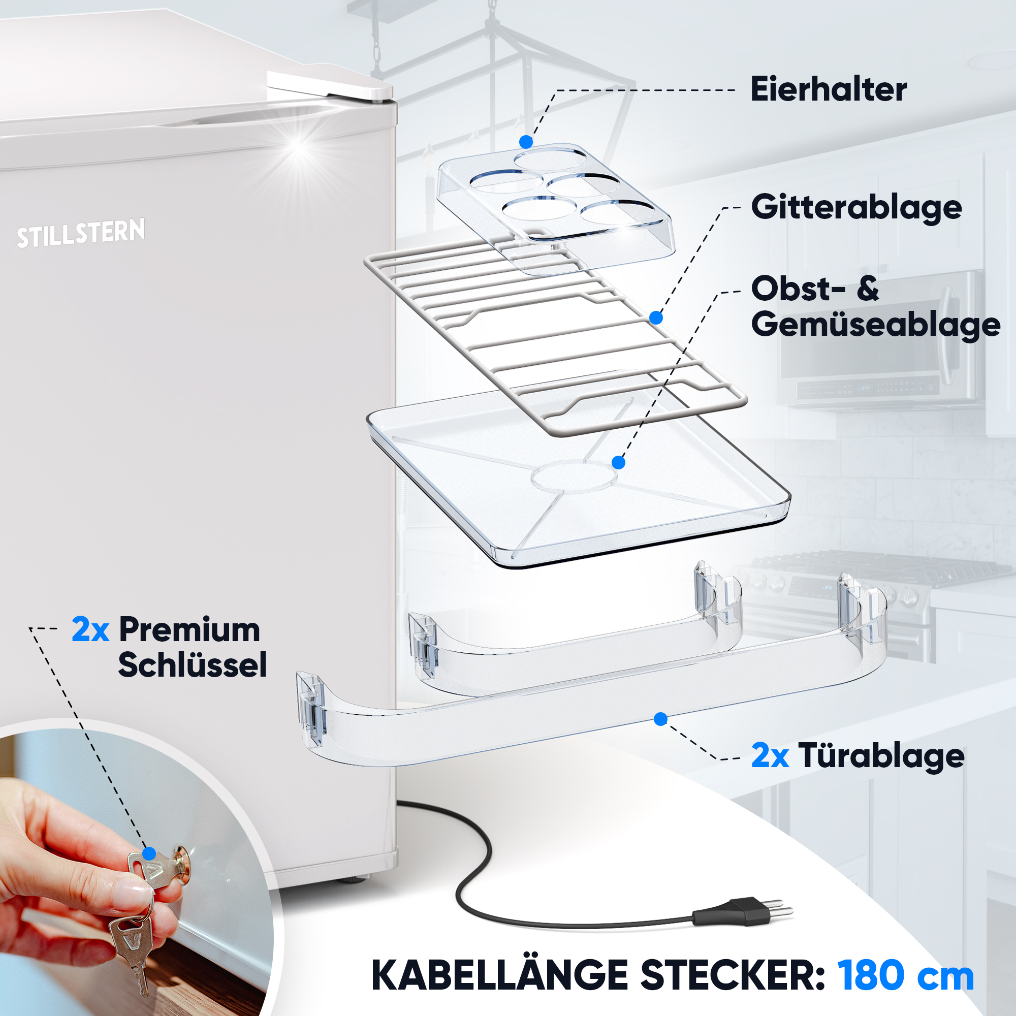 Weißer Minikühlschrank mit Teilediagramm und Hand mit Schlüsseln. Textüberlagerungen.
