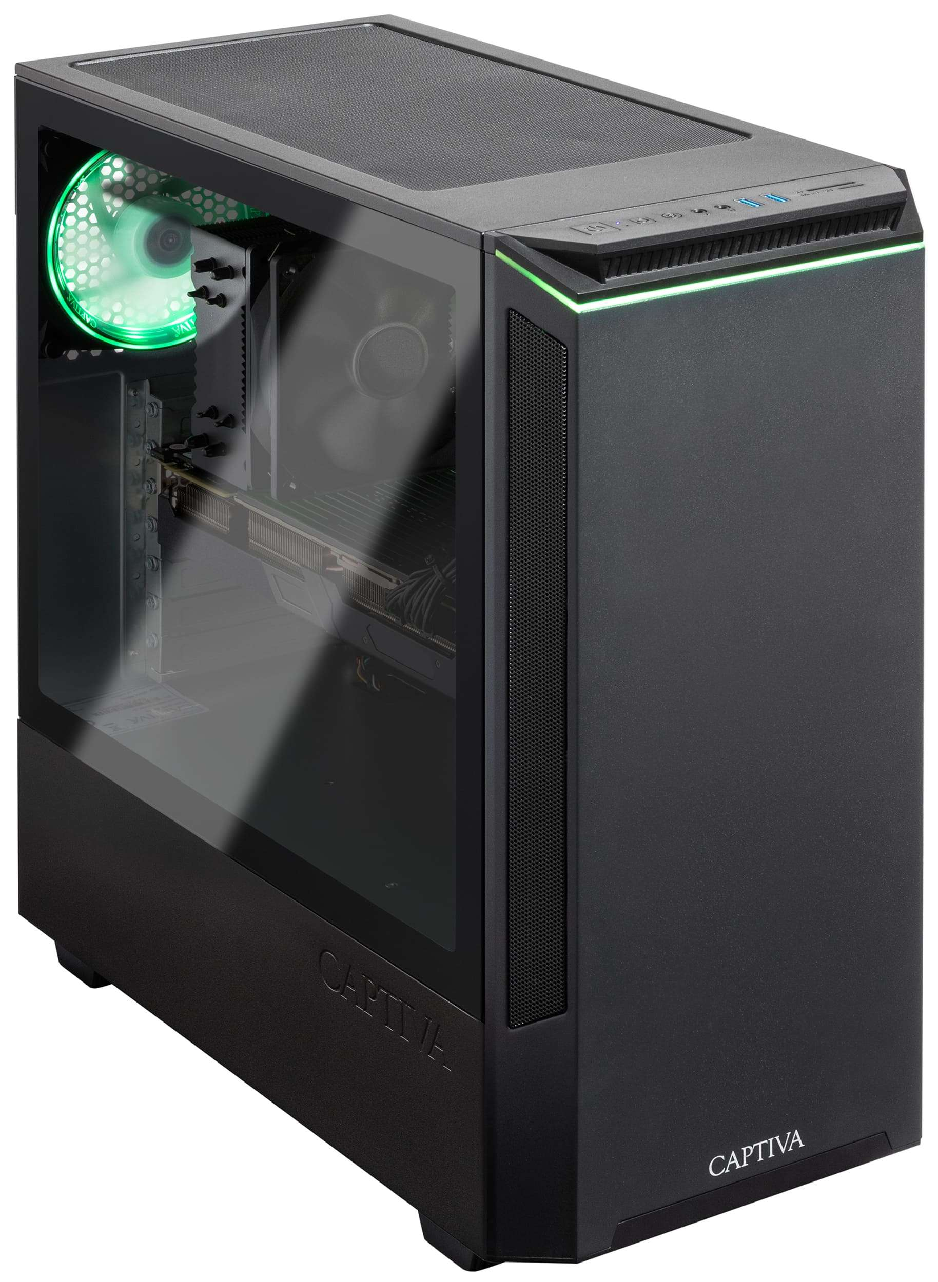 Ein schwarzes Computergehäuse mit einem grün beleuchteten Lüfter auf der linken Seite und einem Glasfenster.
