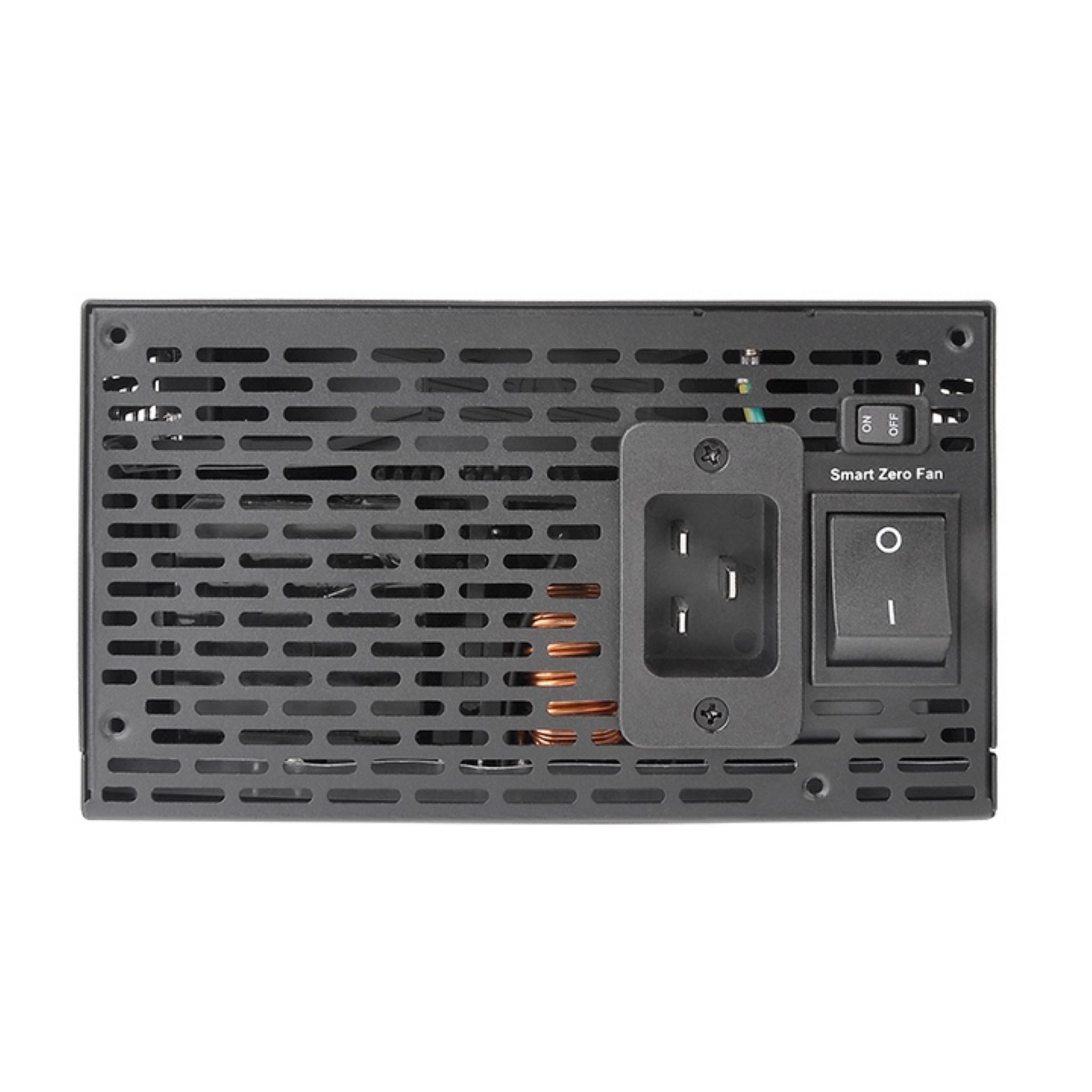 Rückseite eines schwarzen Computer-Netzteils mit Anschlüssen und Schalter.