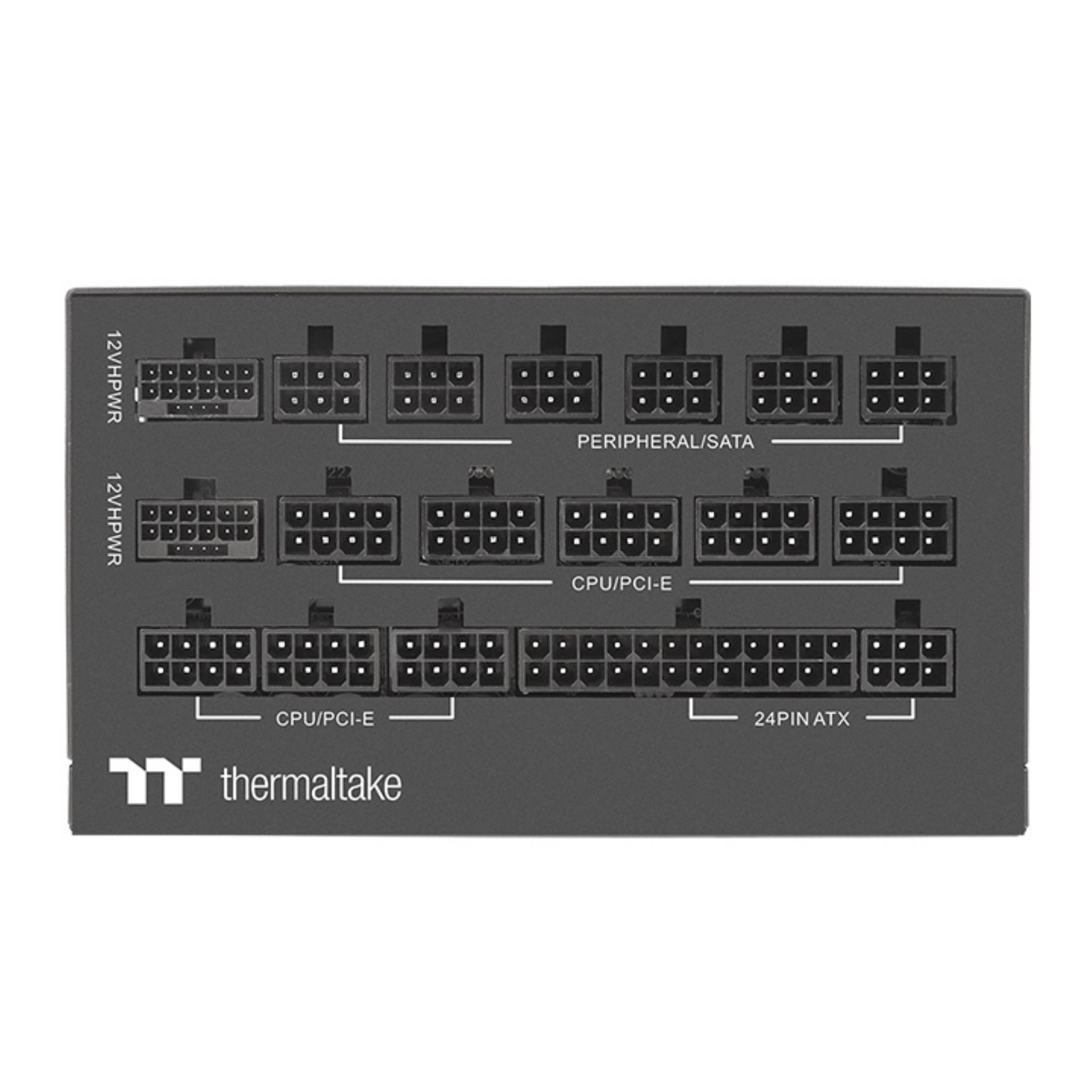 Schwarzes Computer-Netzteil mit vielen Anschlüssen, beschriftet: 12VHPWR, CPU/PCI-E und 24PIN ATX.