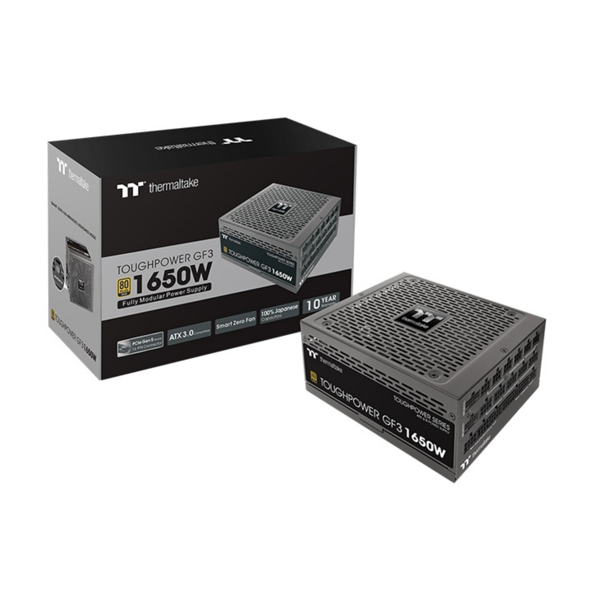 Ein Netzteil und seine Box. Auf der Box steht 'TOUGHPOWER GF3 1650W'.