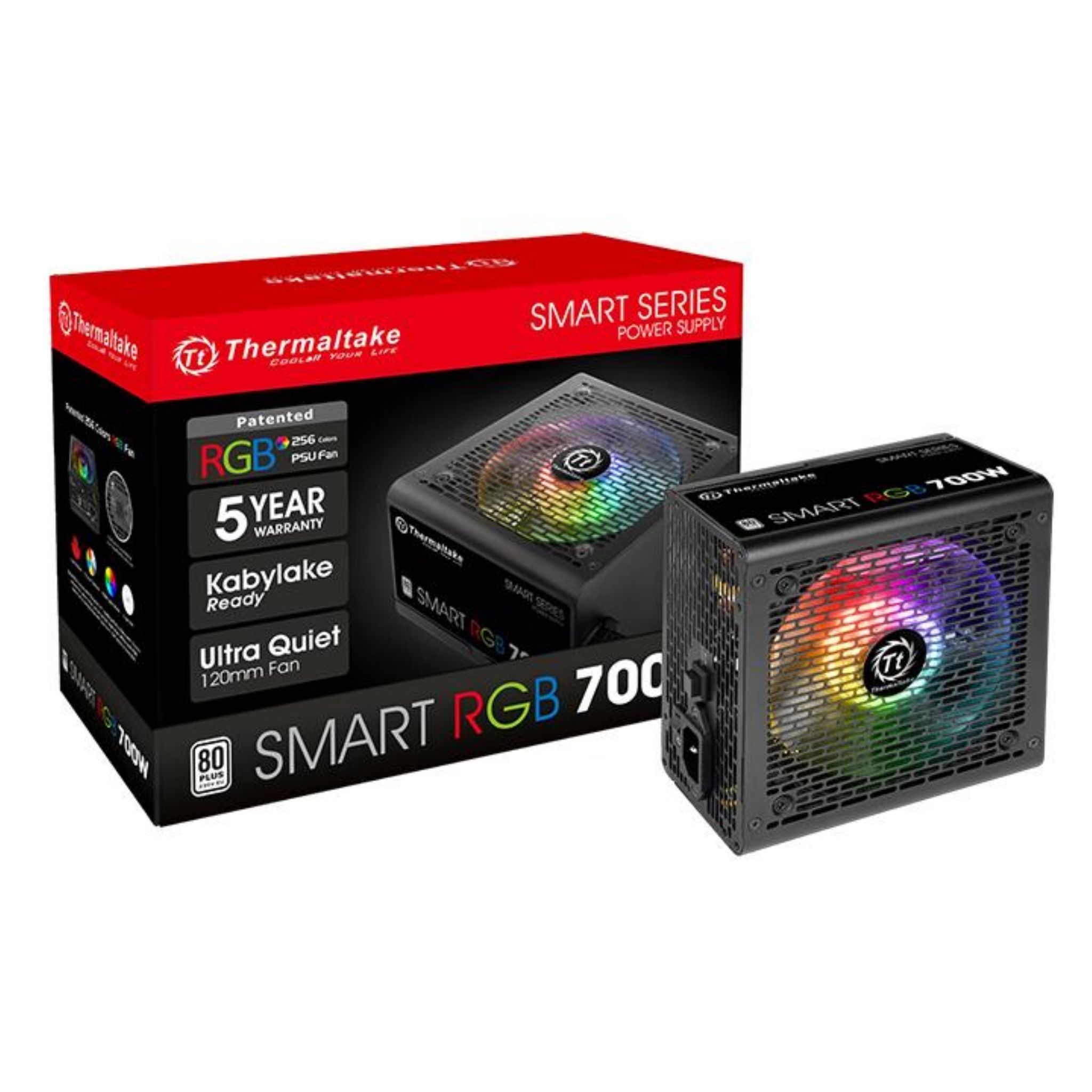 Alimentatore Smart RGB 700W con scatola e alimentatore, su sfondo bianco.