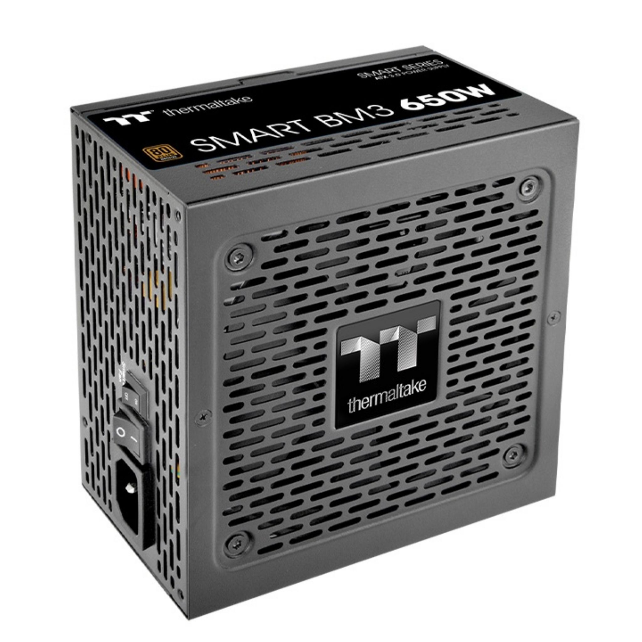 Een grijze, geventileerde computer voeding op een witte achtergrond. Heeft het Smart Series logo.