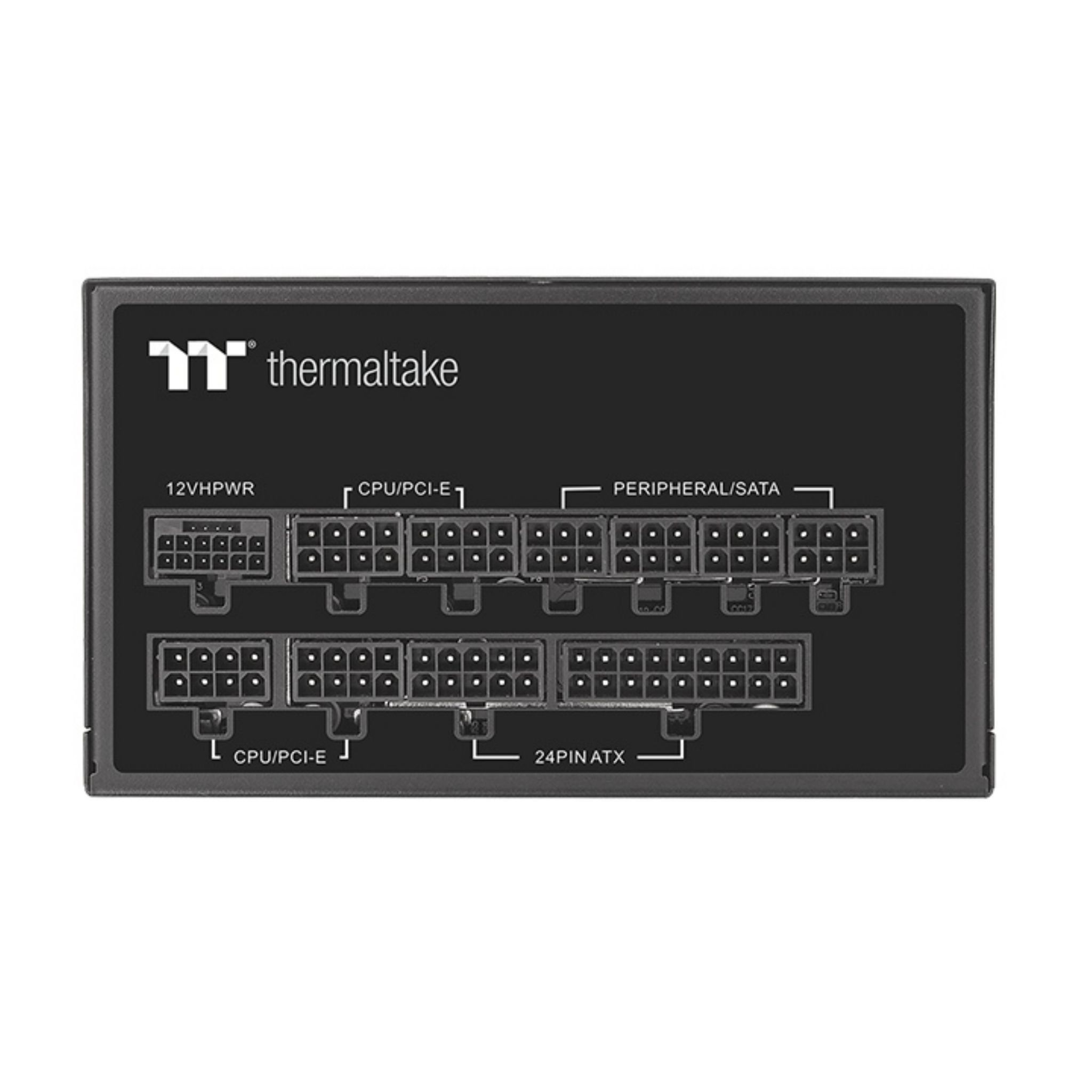 Schwarzes Computer-Netzteil, mehrere Anschlüsse, darunter 24PIN ATX, CPU/PCI-E und Peripheral/SATA.