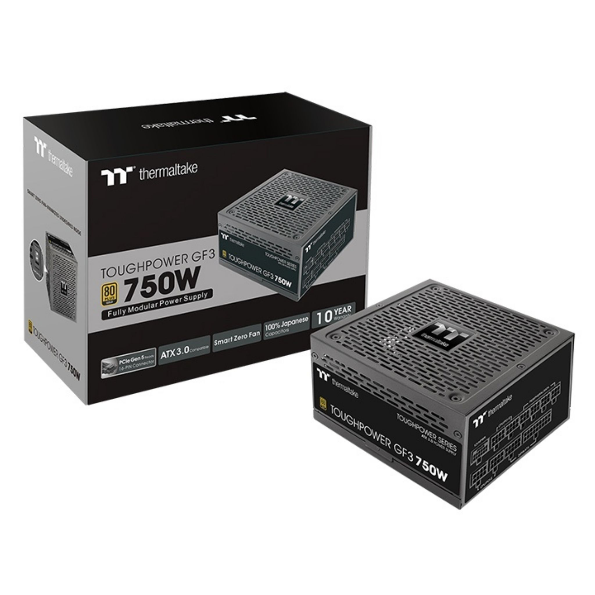 Schwarzer PC-Netzteilkarton und -Einheit. Die Box hat Markennamen und Produktinfo. Das Gerät ist dunkelgrau und hat einen Lüfter.